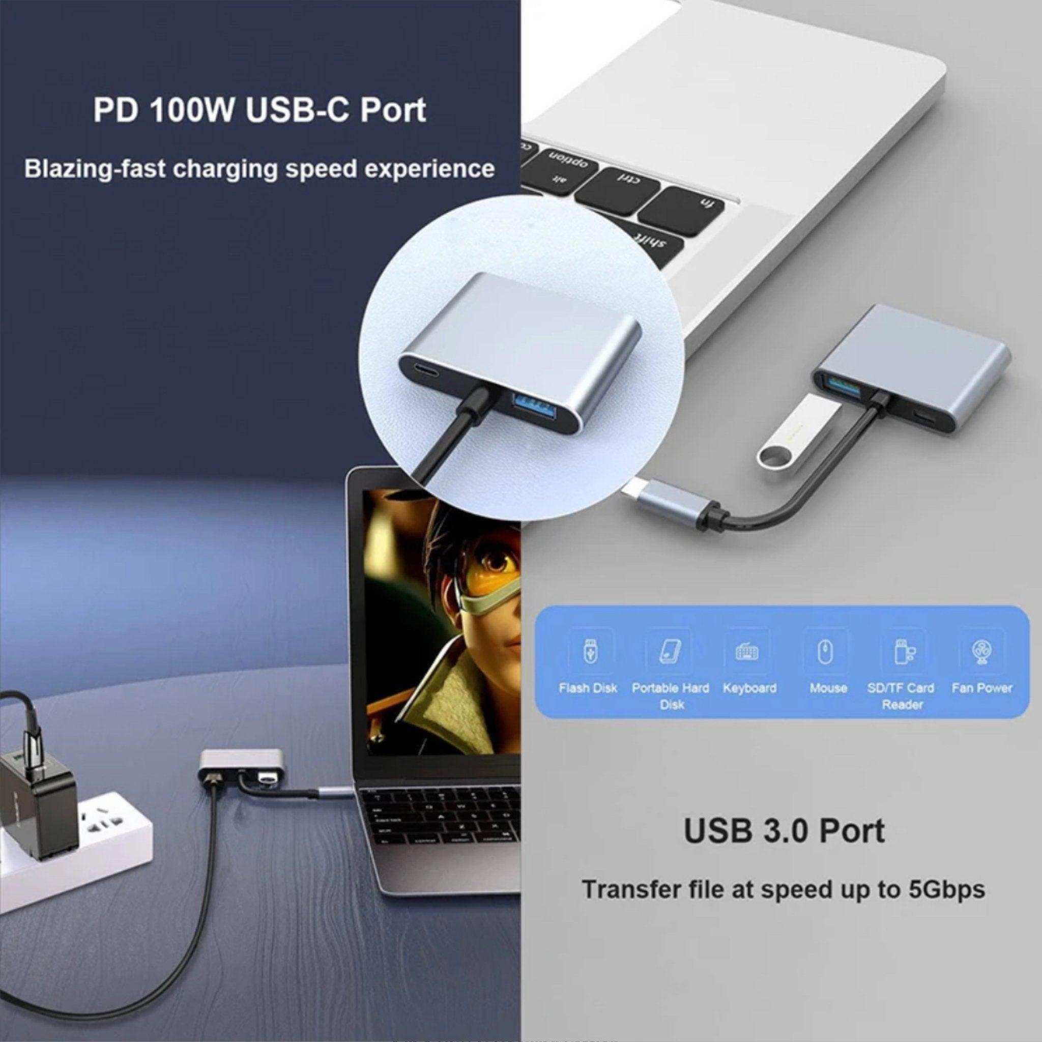 4-in-1 USB-C docking station with dual HDMI, USB 3.0, connected to laptop, charging TUTT
