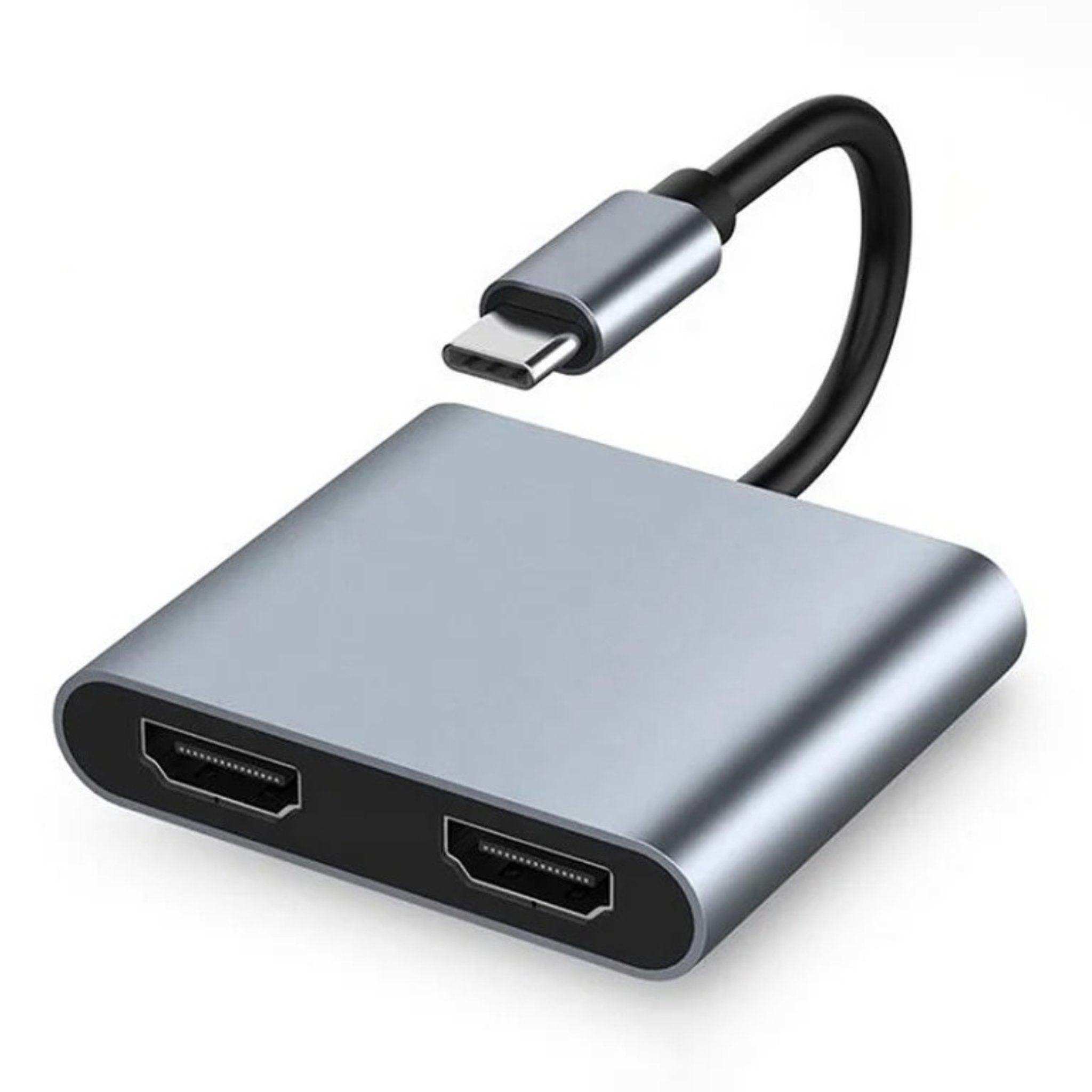 Sleek gray USB-C to dual HDMI 4K adapter hub with two HDMI ports on white background TUTT