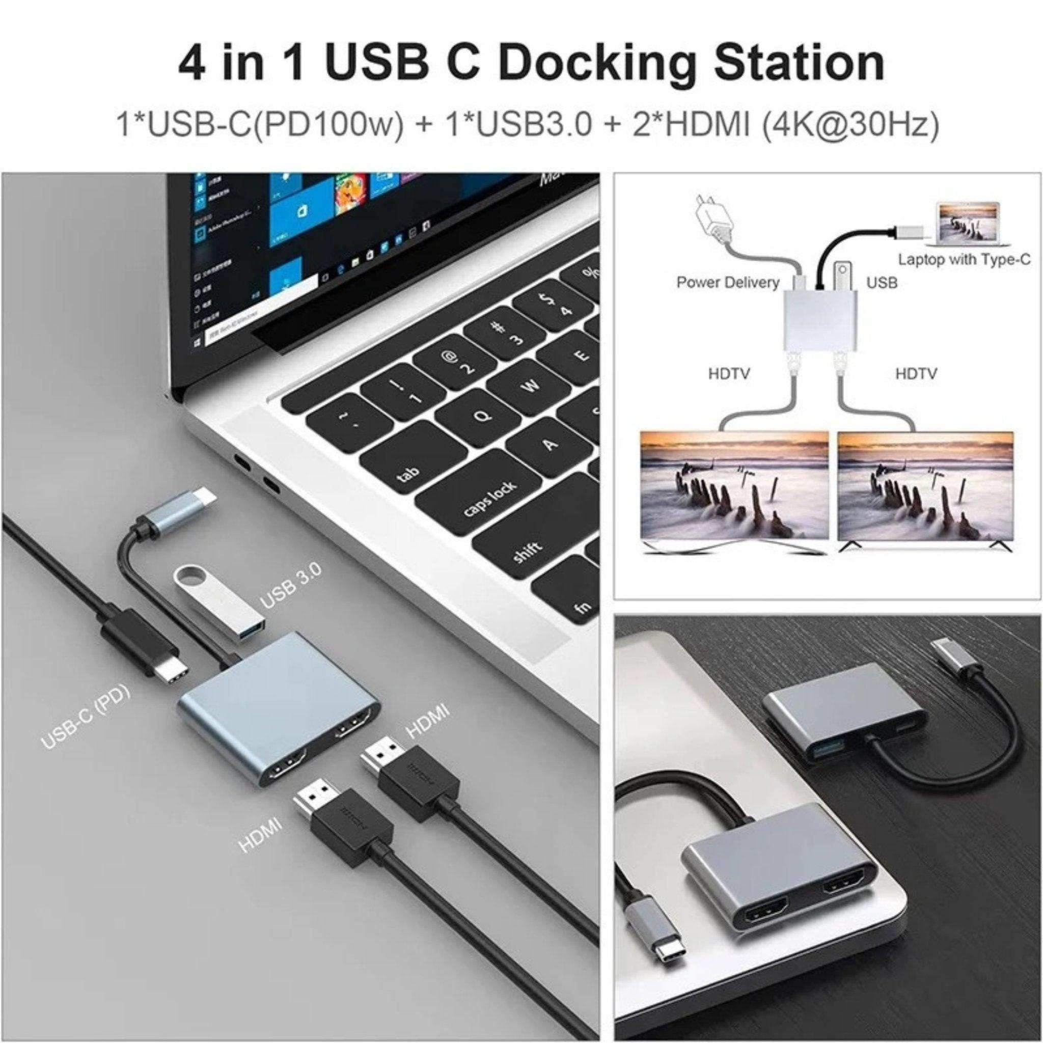 4-in-1 USB-C docking station with dual HDMI, USB 3.0, and USB-C PD connected to laptop TUTT