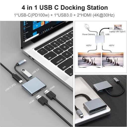4-in-1 USB-C docking station with dual HDMI, USB 3.0, and USB-C PD connected to laptop TUTT