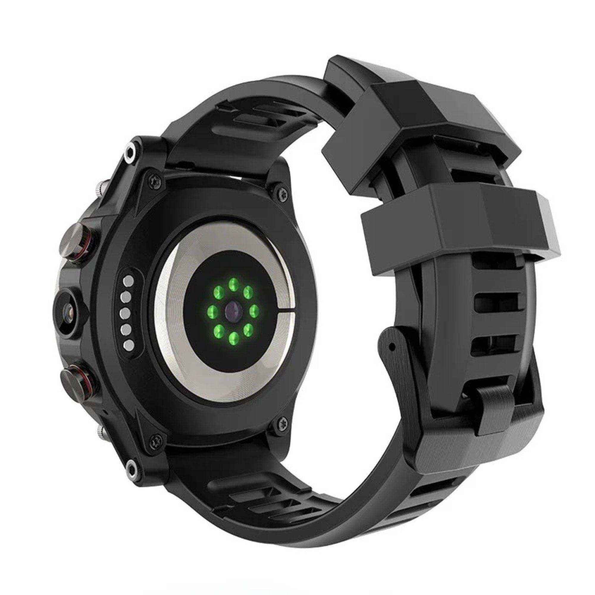 Rugged black 4G smart watch with dual camera and green sensor lights, fitness tracker TUTT