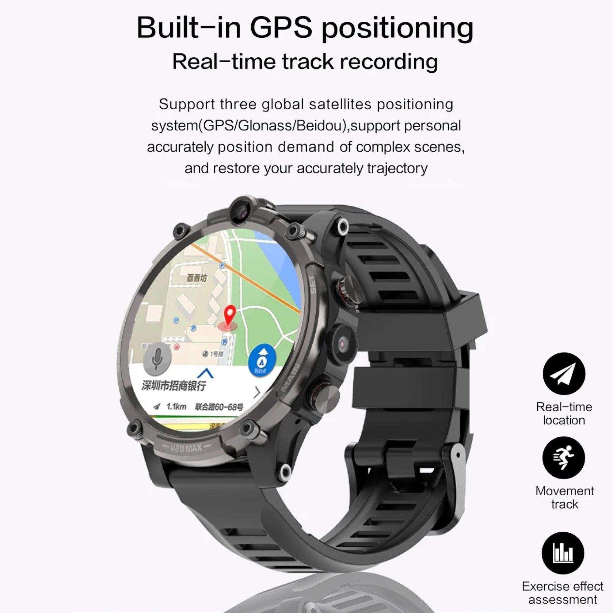 TUTT rugged 4G smart watch with SIM card, GPS map on screen, black strap, fitness features TUTT
