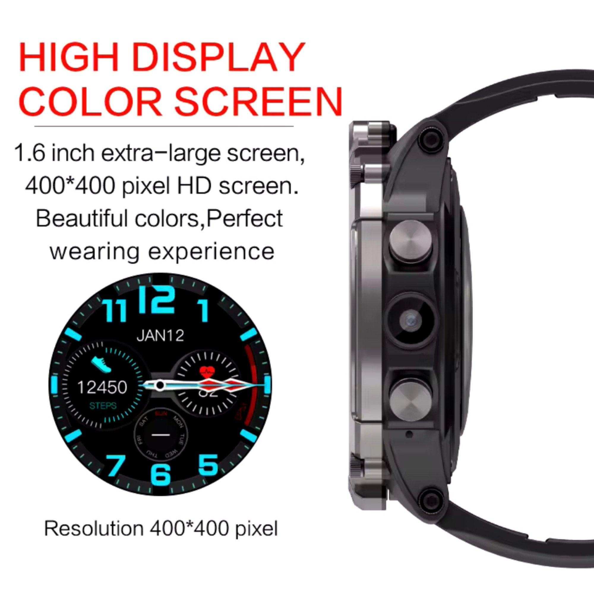 TUTT 4G smart watch with dual camera, rugged design, round color HD display, and fitness tracking TUTT