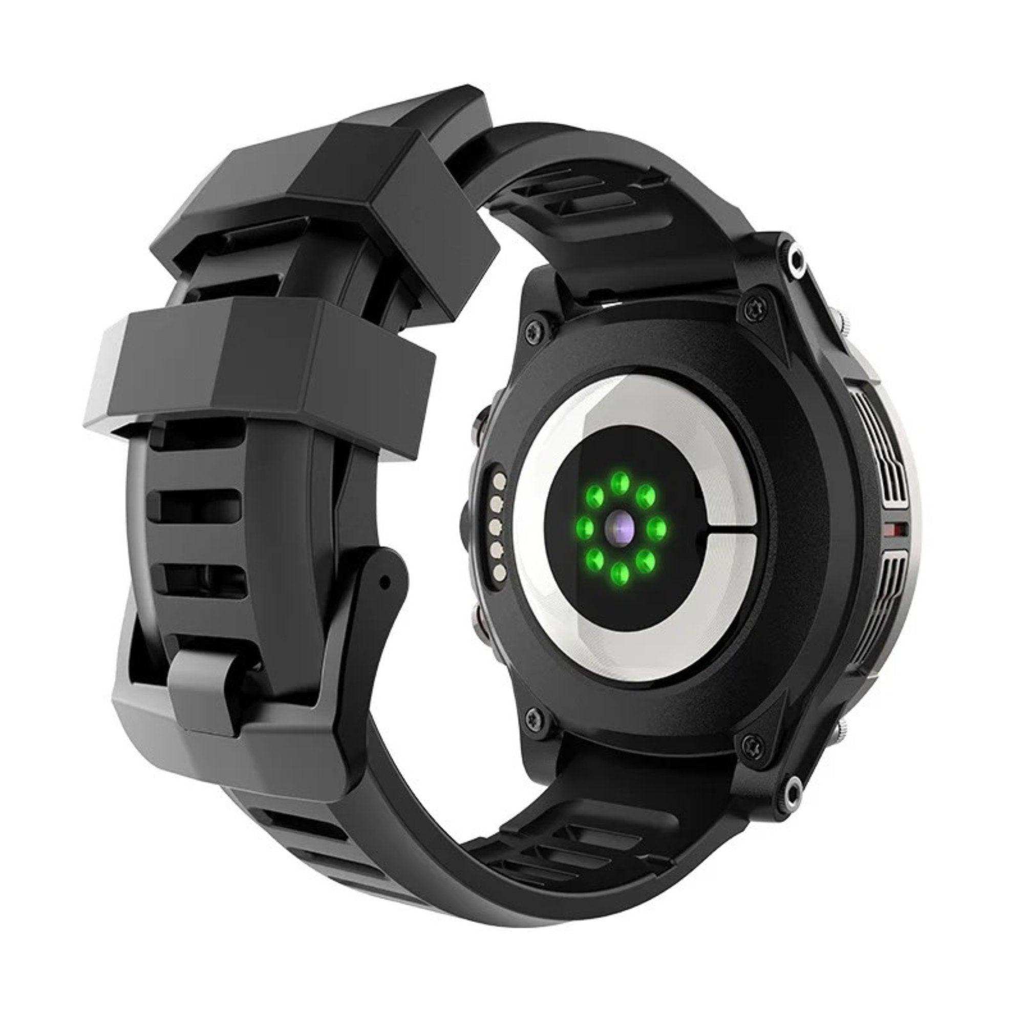 Black rugged 4G smart watch with thick strap, rear sensors, and metallic accents, TUTT