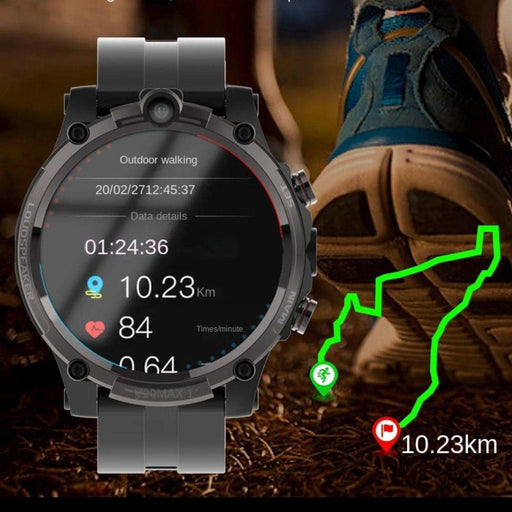 Rugged 4G smart watch with fitness tracking display, GPS route, and running shoe, TUTT