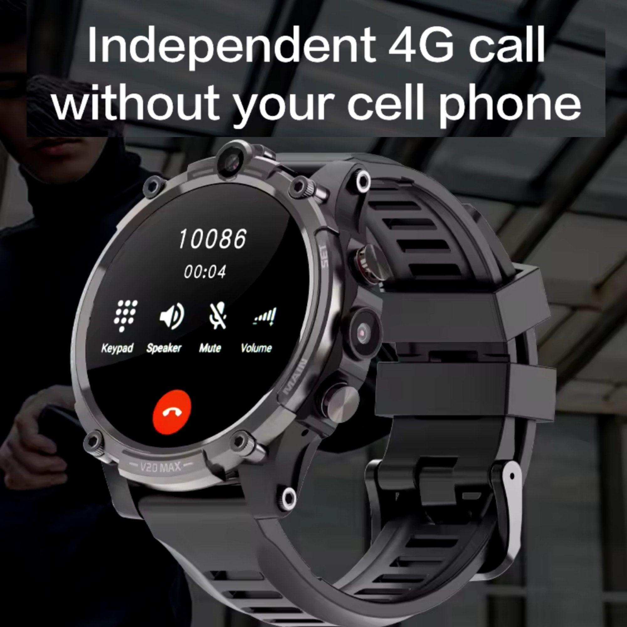 Rugged 4G smart watch with SIM card, dual camera, and calling features on display, TUTT