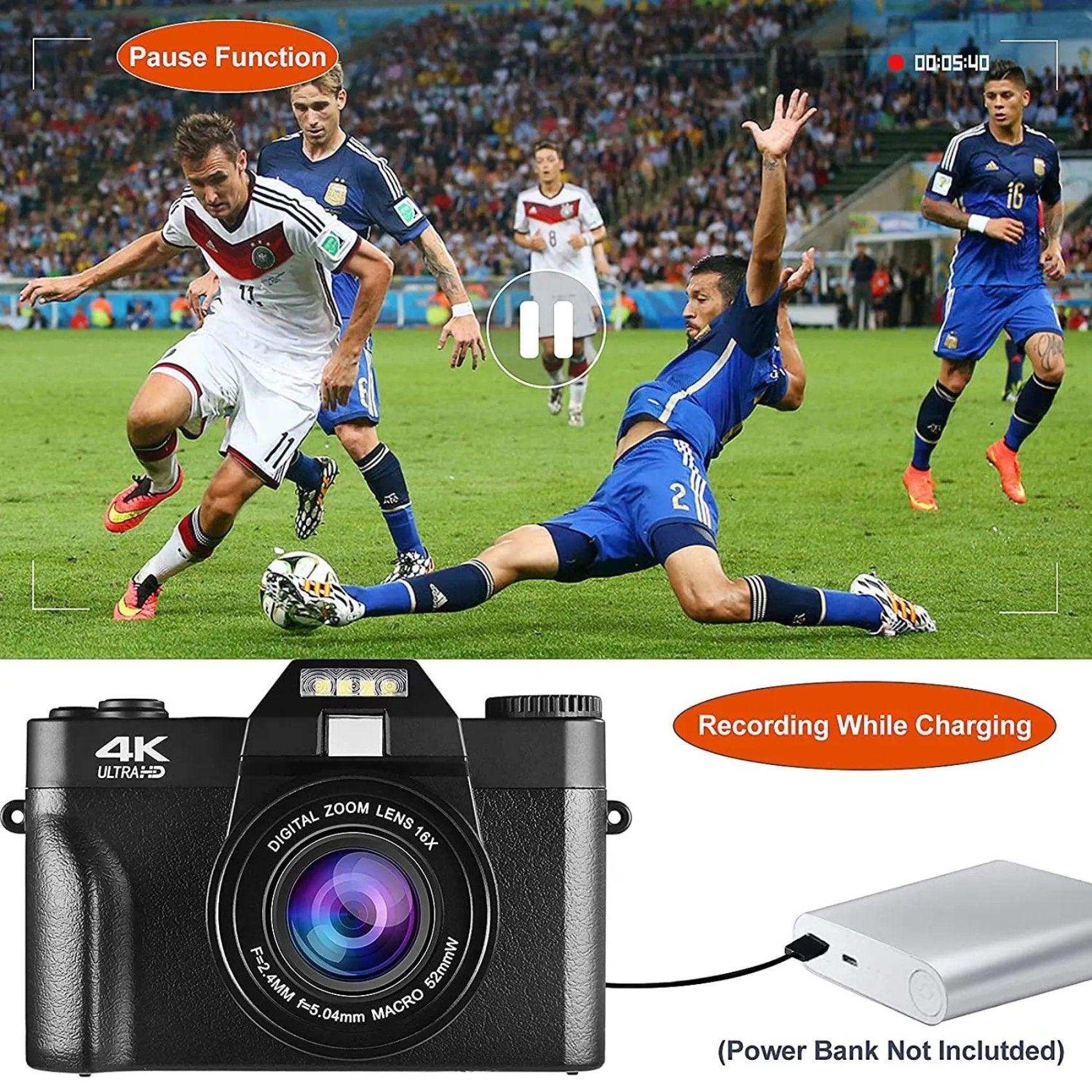 4K digital camera for vlogging shown with pause function and recording while charging, TUTT
