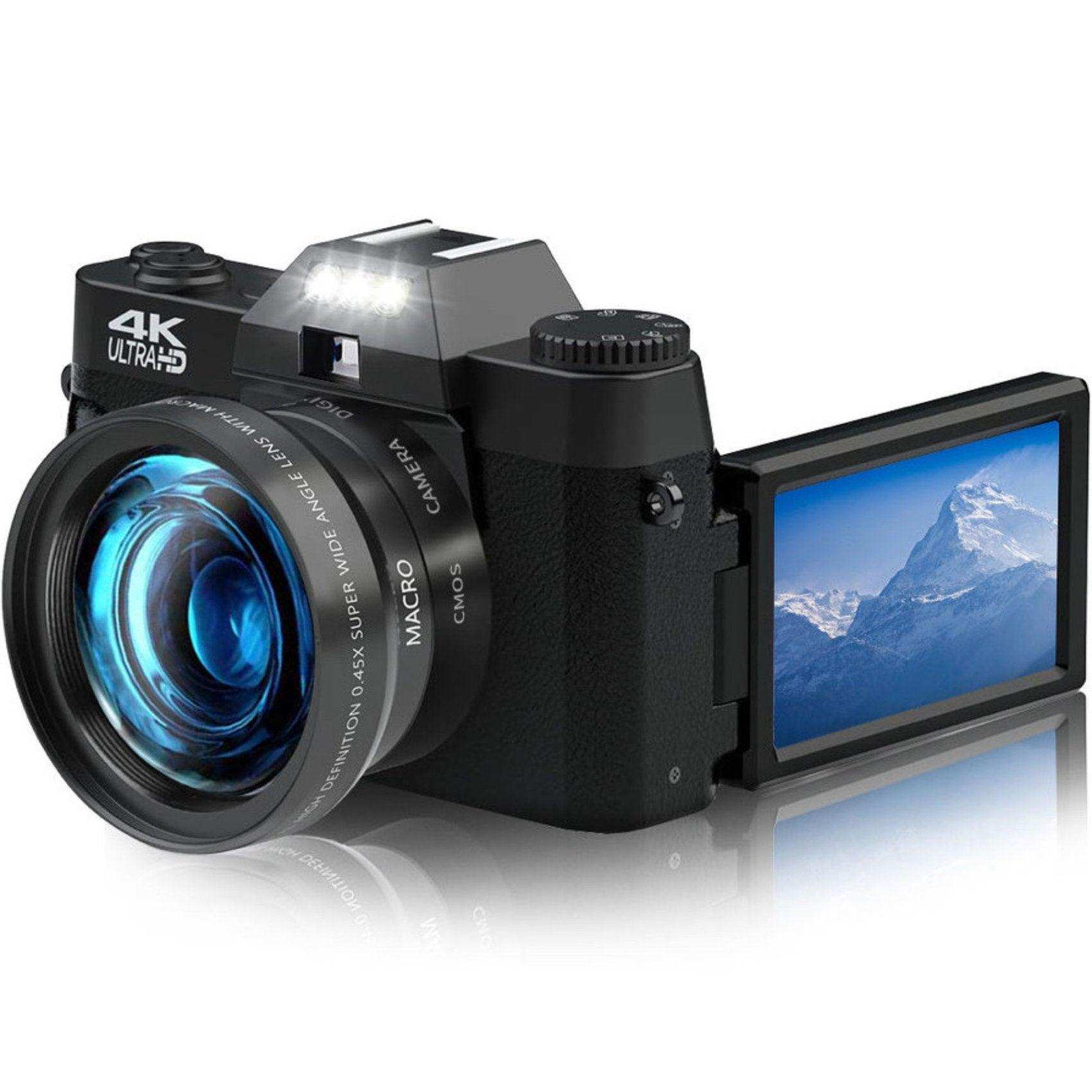 4K Ultra HD vlogging digital camera with wide angle lens and flip screen displaying a mountain, TUTT