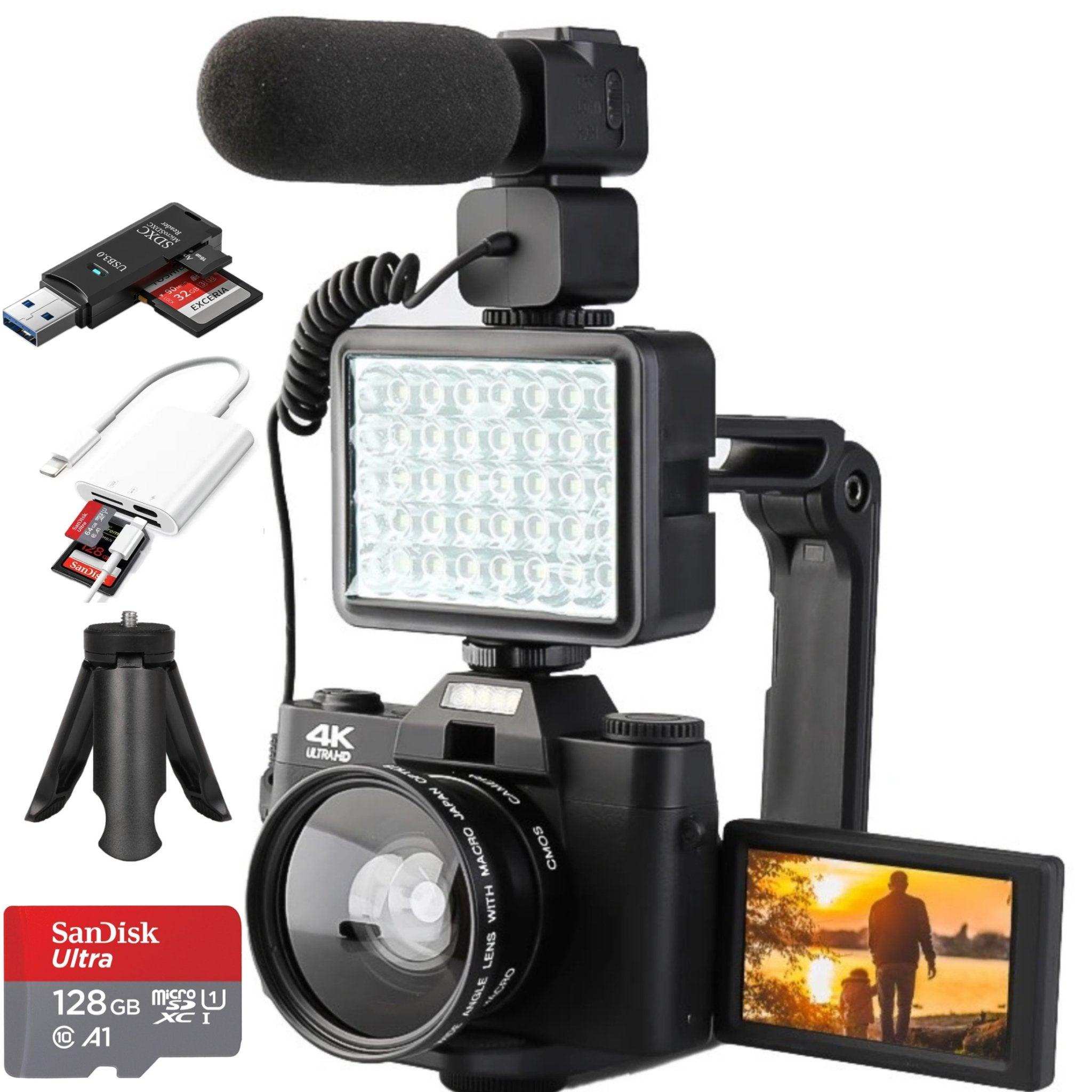 4K vlogging camera kit with flip screen, microphone, LED light, tripod, card reader, 128GB microSD. TUTT