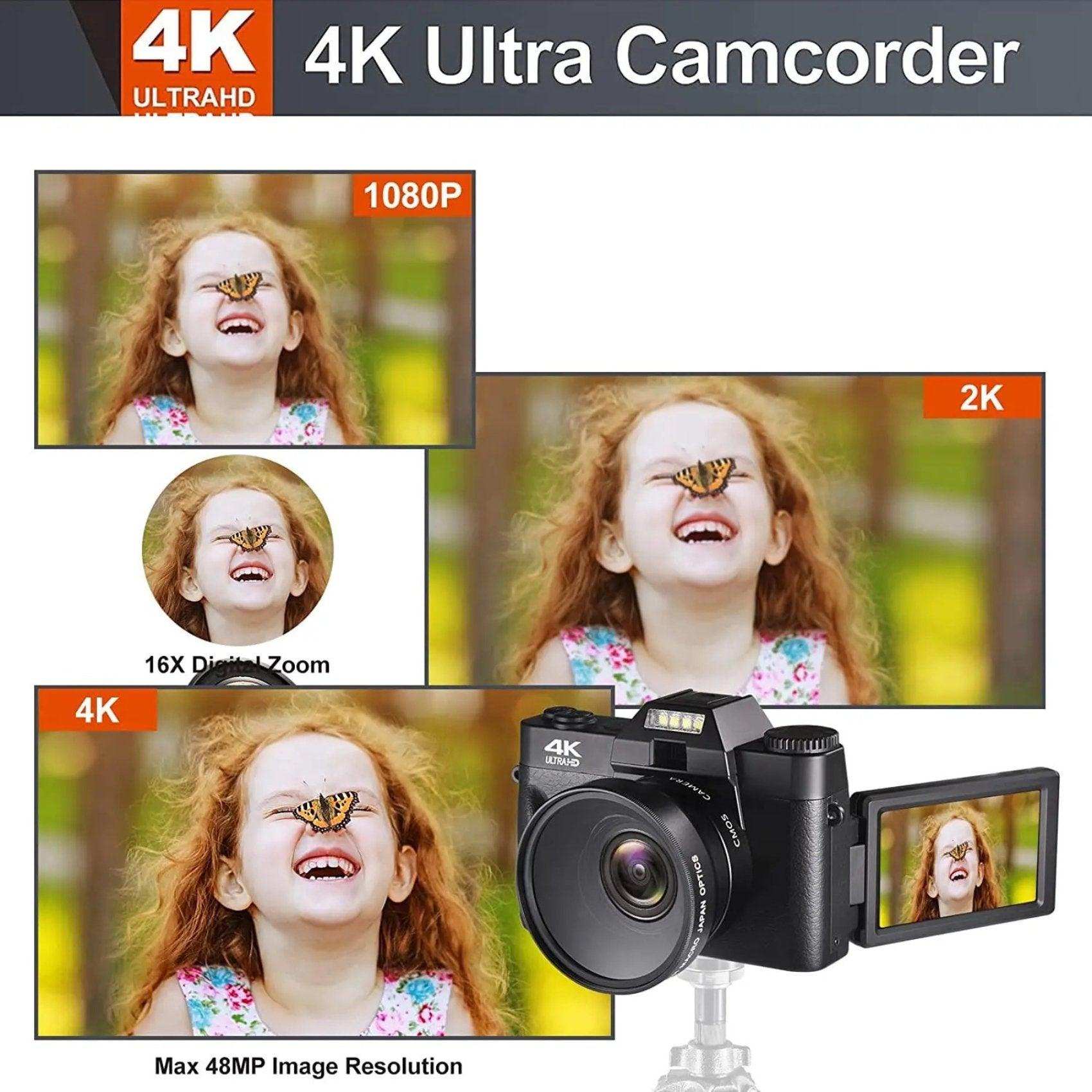 4K Ultra HD digital camera with flip screen showing a laughing girl with a butterfly on her nose, 48MP resolution, TUTT