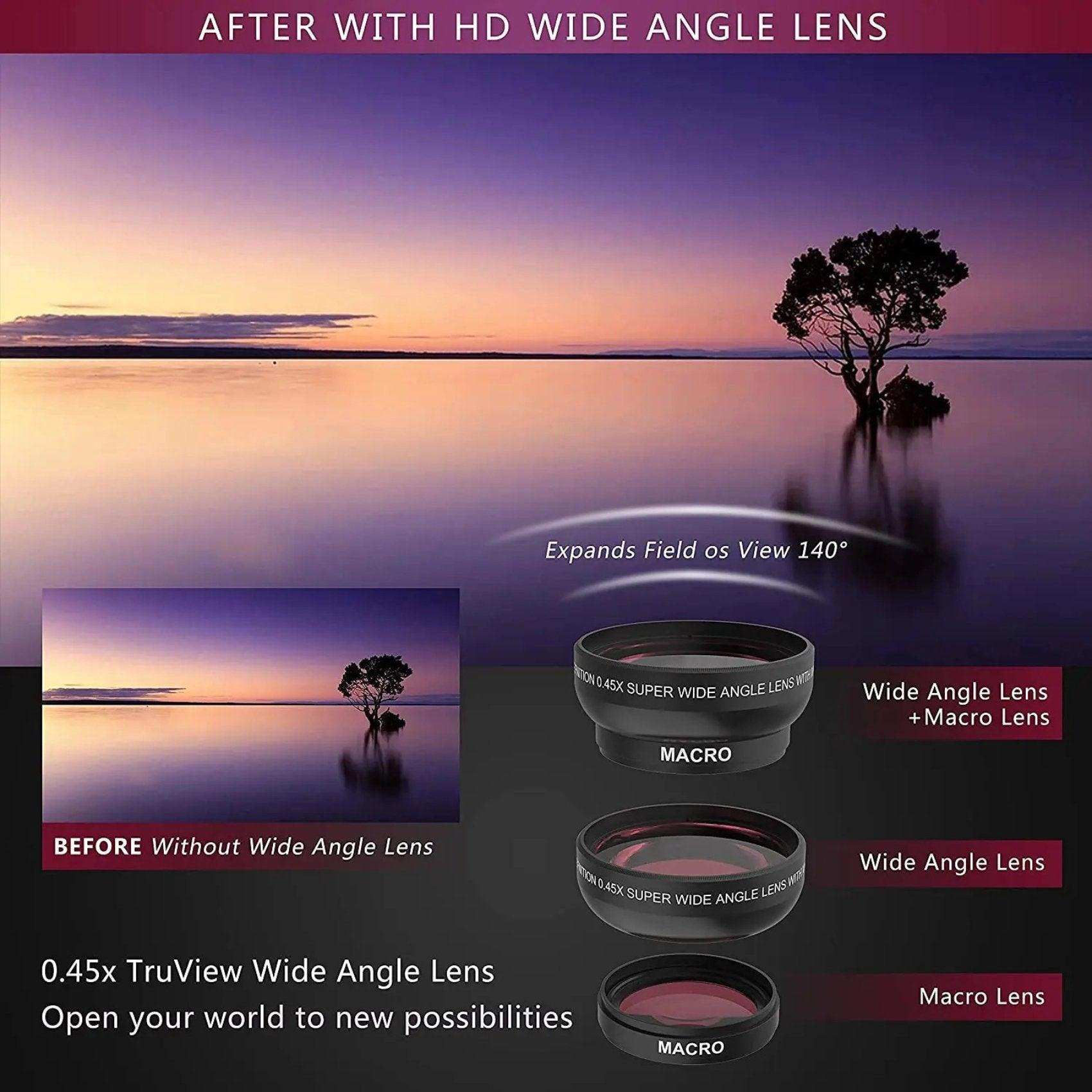 Comparison of landscape photos with and without 0.45x TruView wide angle macro lens for camera, showing expanded field of view at sunset. TUTT