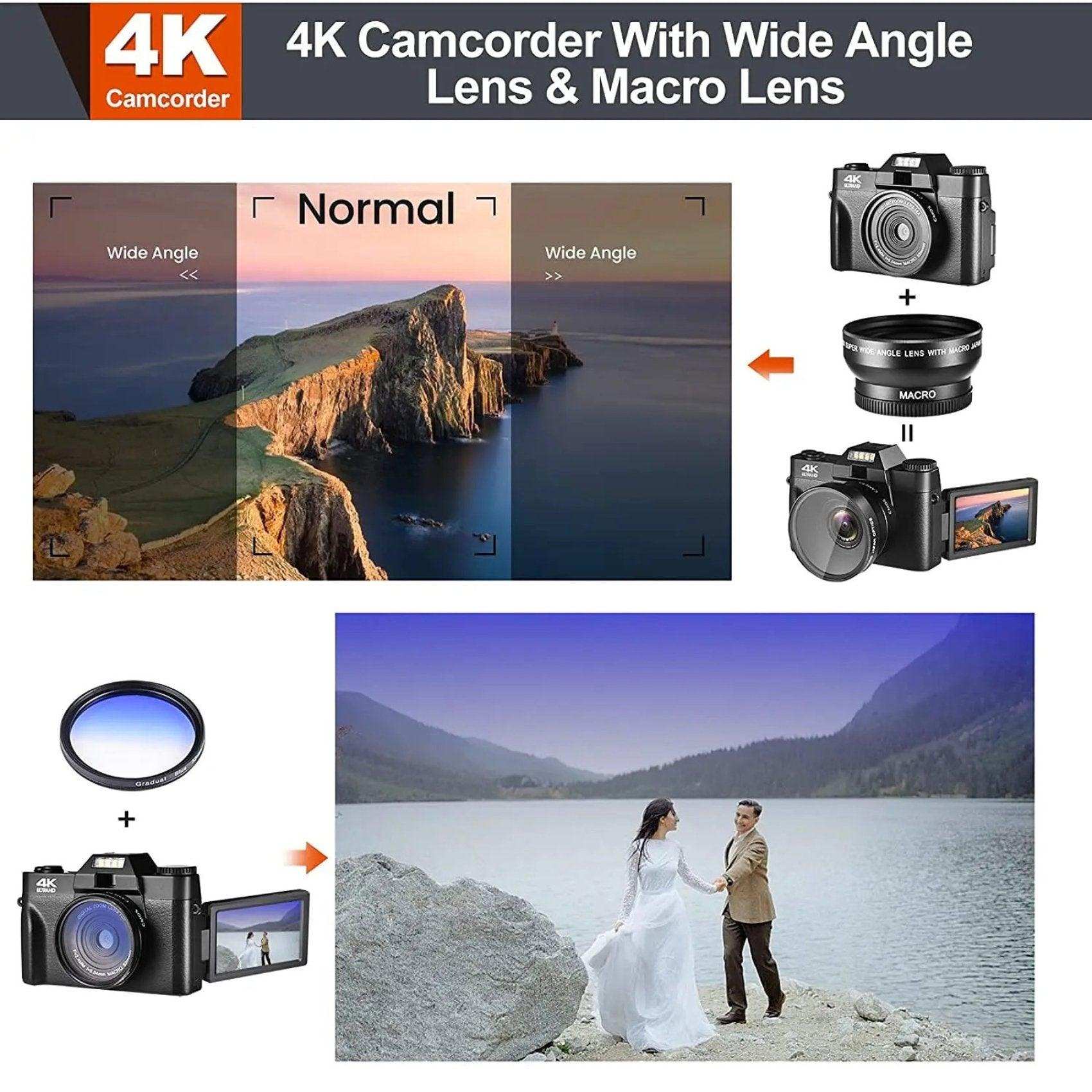 4K camcorder with wide angle and macro lens, flip screen, sample landscape and wedding photo, TUTT