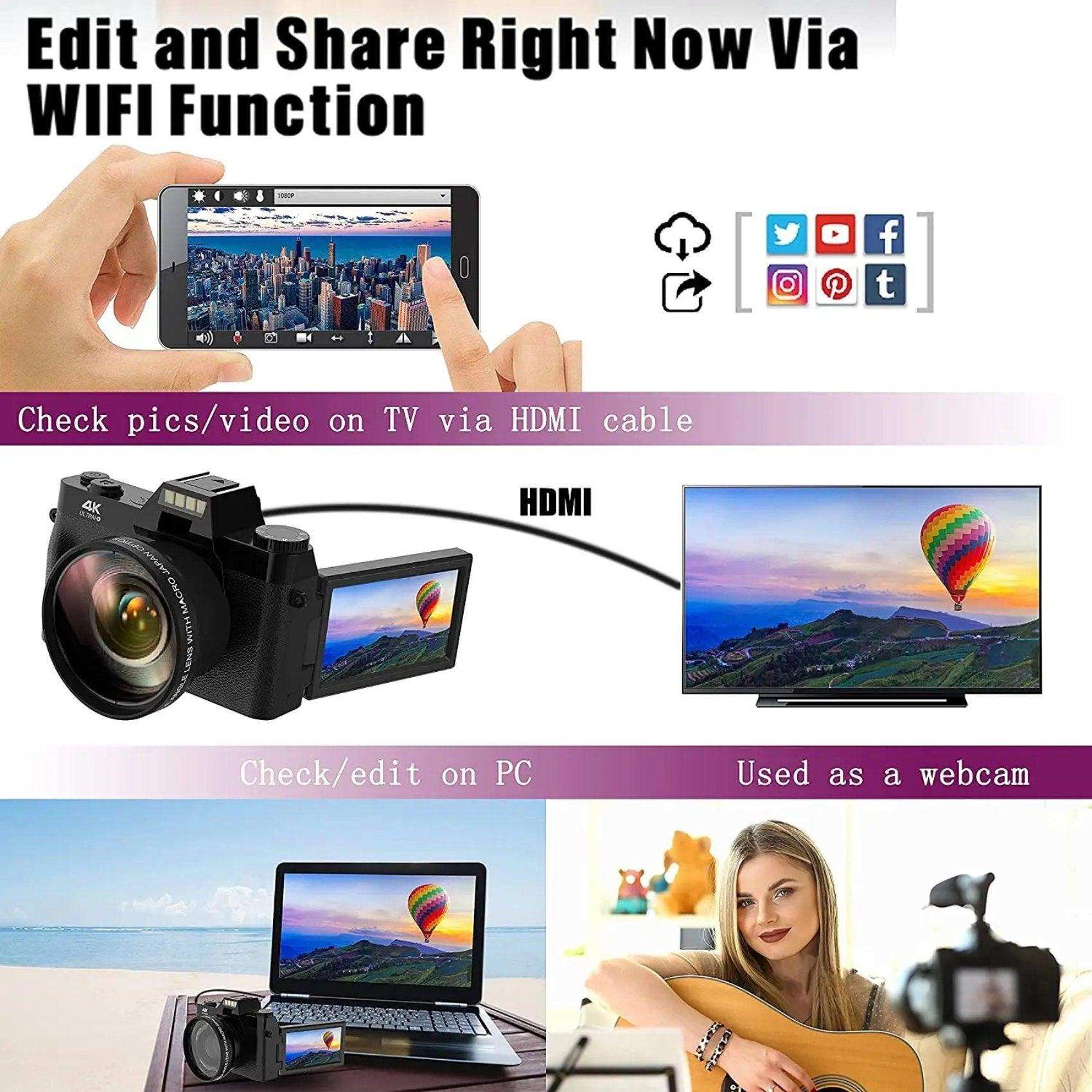 4K digital vlogging camera with flip screen, WiFi sharing, HDMI TV output, webcam use, TUTT