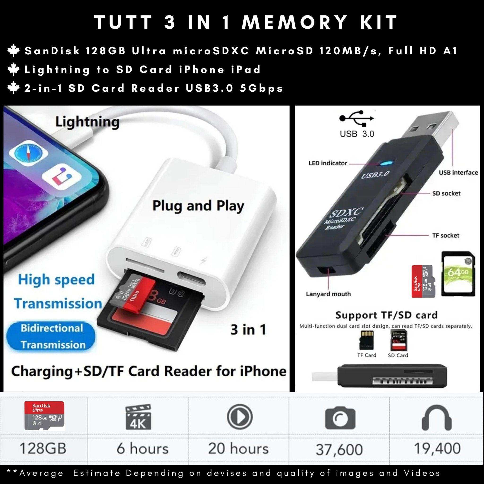 TUTT 3-in-1 memory kit with 128GB SanDisk microSD card, SD/TF card reader, and Lightning adapter for iPhone TUTT