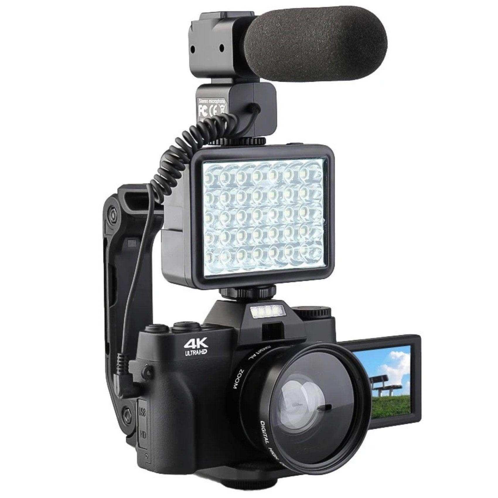 4K digital vlogging camera with flip screen, external microphone, LED light, and lens. TUTT