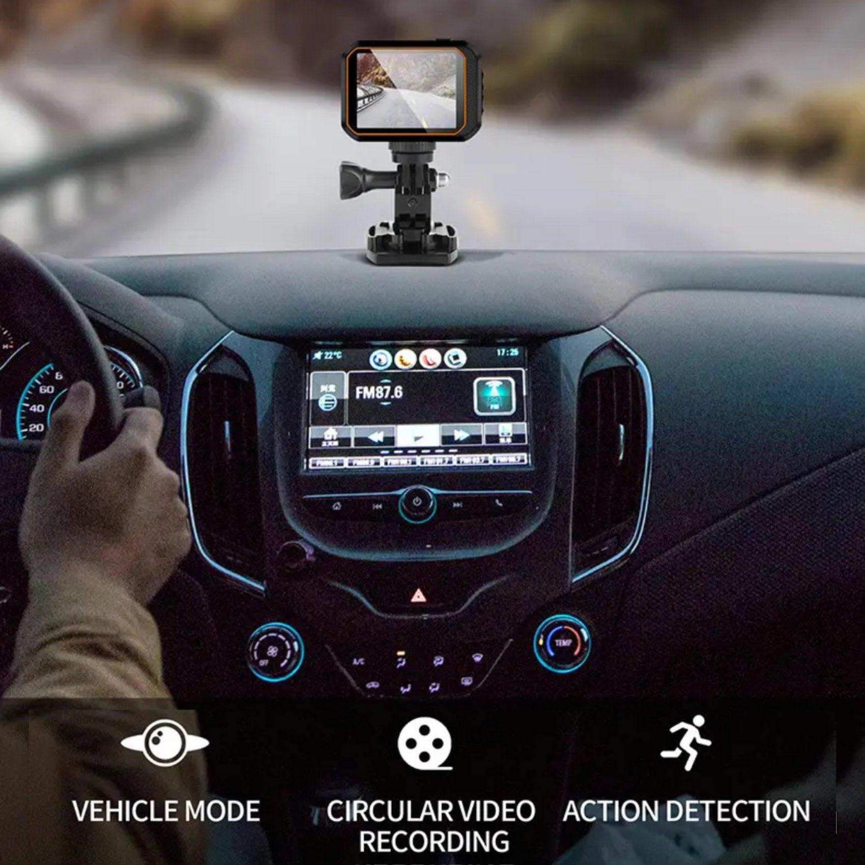 4K waterproof action camera mounted as dash cam on car dashboard with display, TUTT