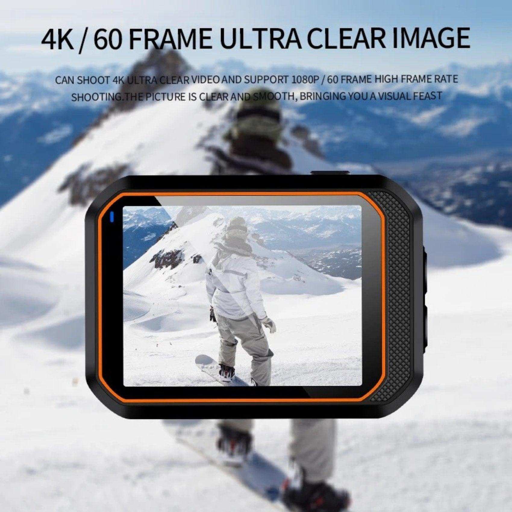 4K 60FPS action camera LCD displaying snowboarder on snowy mountain, ultra clear image, TUTT