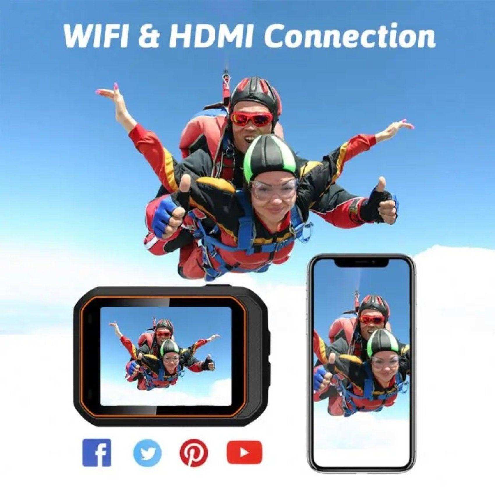 Tandem skydivers in free fall shown on waterproof action camera and smartphone screen, WIFI HDMI connection, blue sky background. TUTT