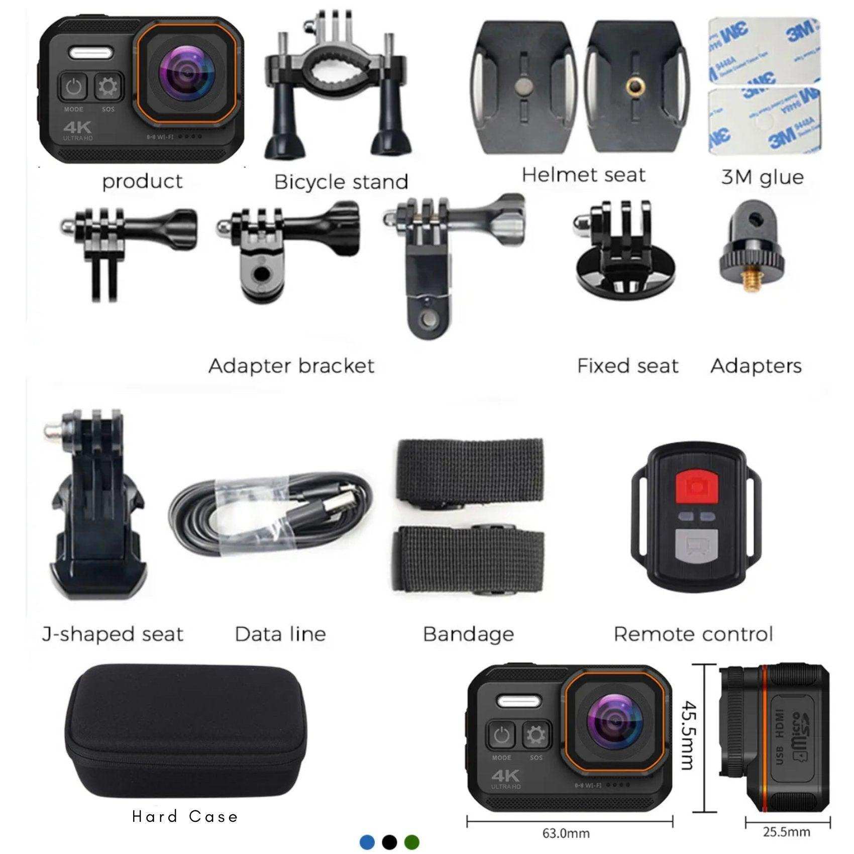 Waterproof 4K action camera kit with accessories, mounts, remote control, and hard case, TUTT