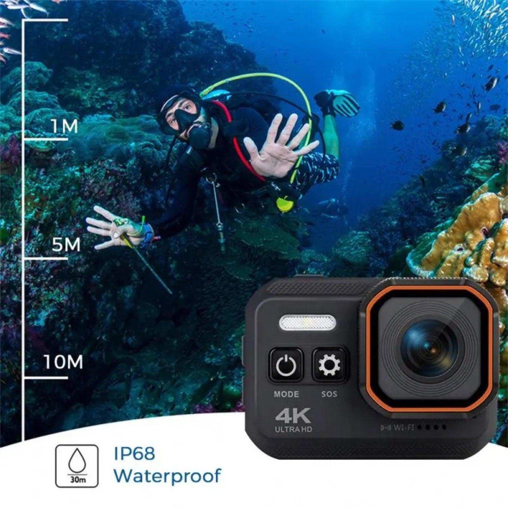 Underwater scene with scuba diver and coral reef, showcasing a 4K waterproof action camera, IP68, Wi-Fi. TUTT