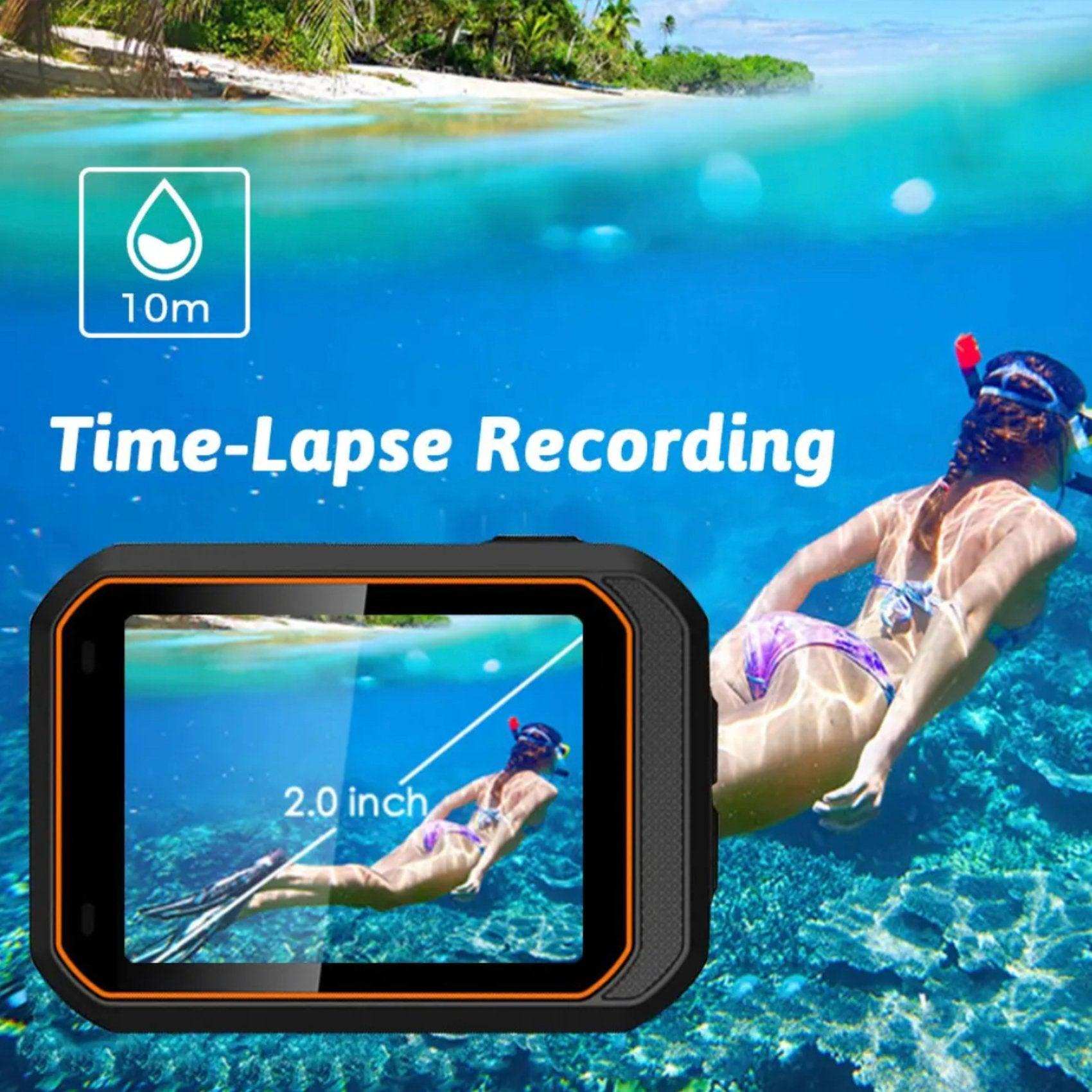 Waterproof action camera with 2-inch display, underwater snorkeling scene, time-lapse recording, 10m depth feature, tropical beach background, TUTT