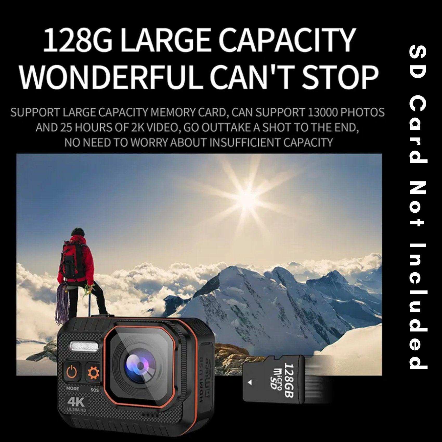 4K waterproof action camera with 128GB microSD card and mountaineer on snowy mountain at sunrise, TUTT