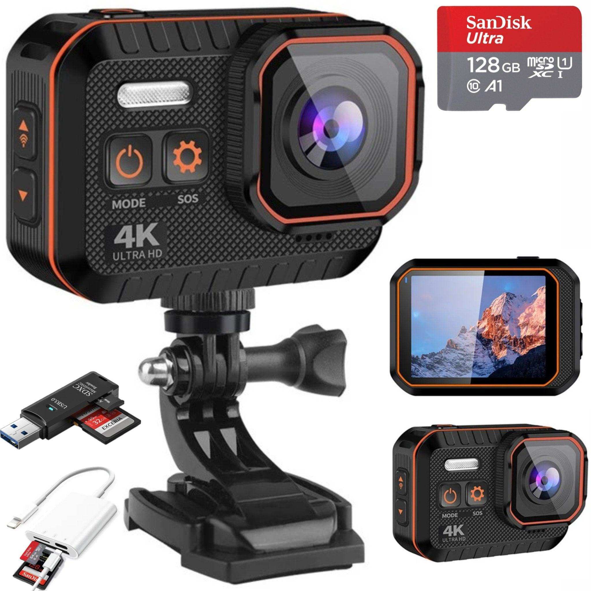 4K waterproof action camera with mount, 128GB SanDisk microSD card, accessories, and dual displays TUTT