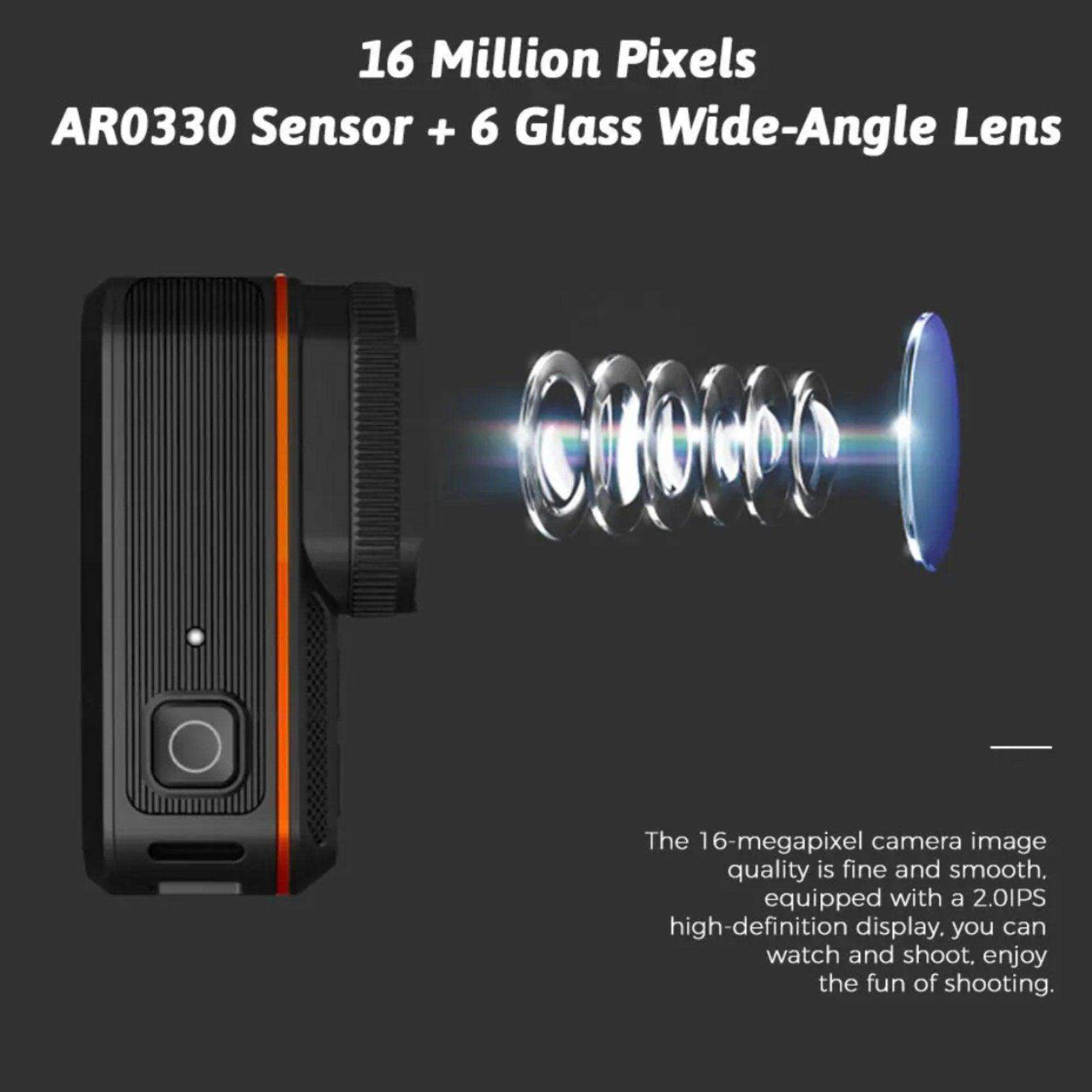 Black action camera with visible lens elements, AR0330 sensor, and 16MP specs on display. TUTT