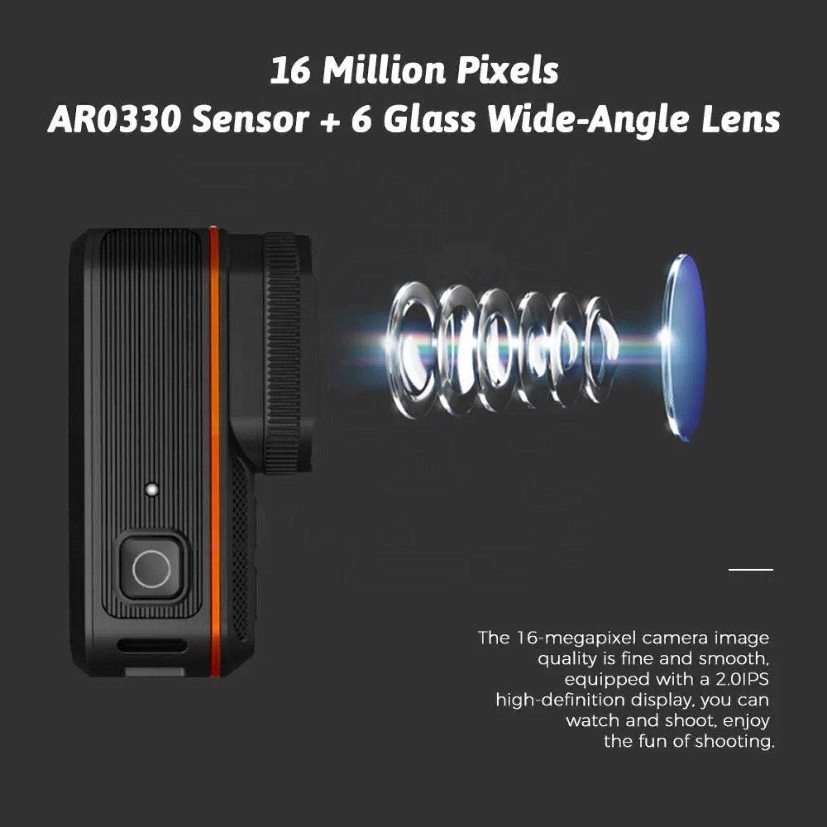 Black action camera side view showing AR0330 sensor, 6 glass lens, 16MP details, on dark background TUTT