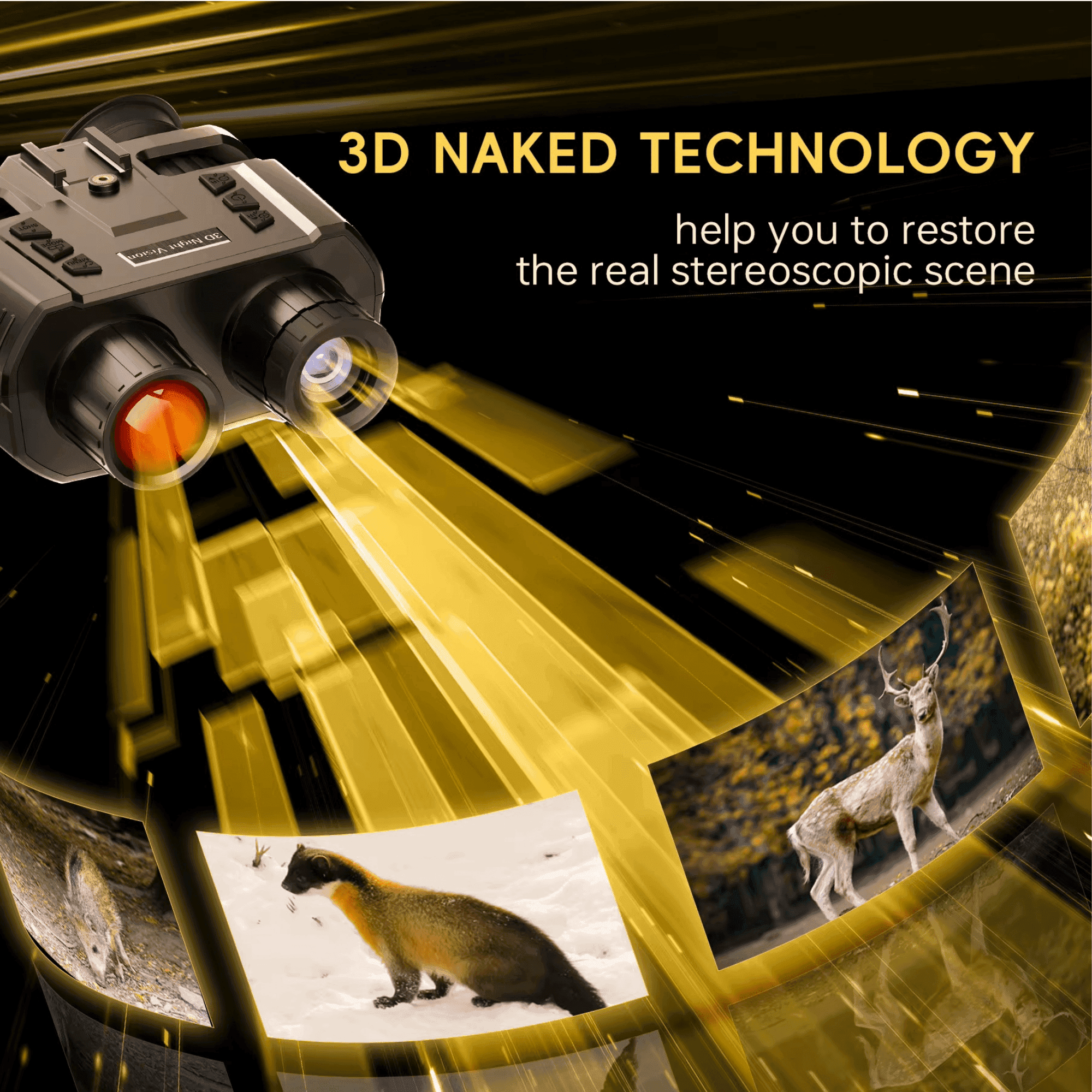 TUTT NV8000 night vision binoculars with 3D projection showing wildlife images, 3D naked technology TUTT