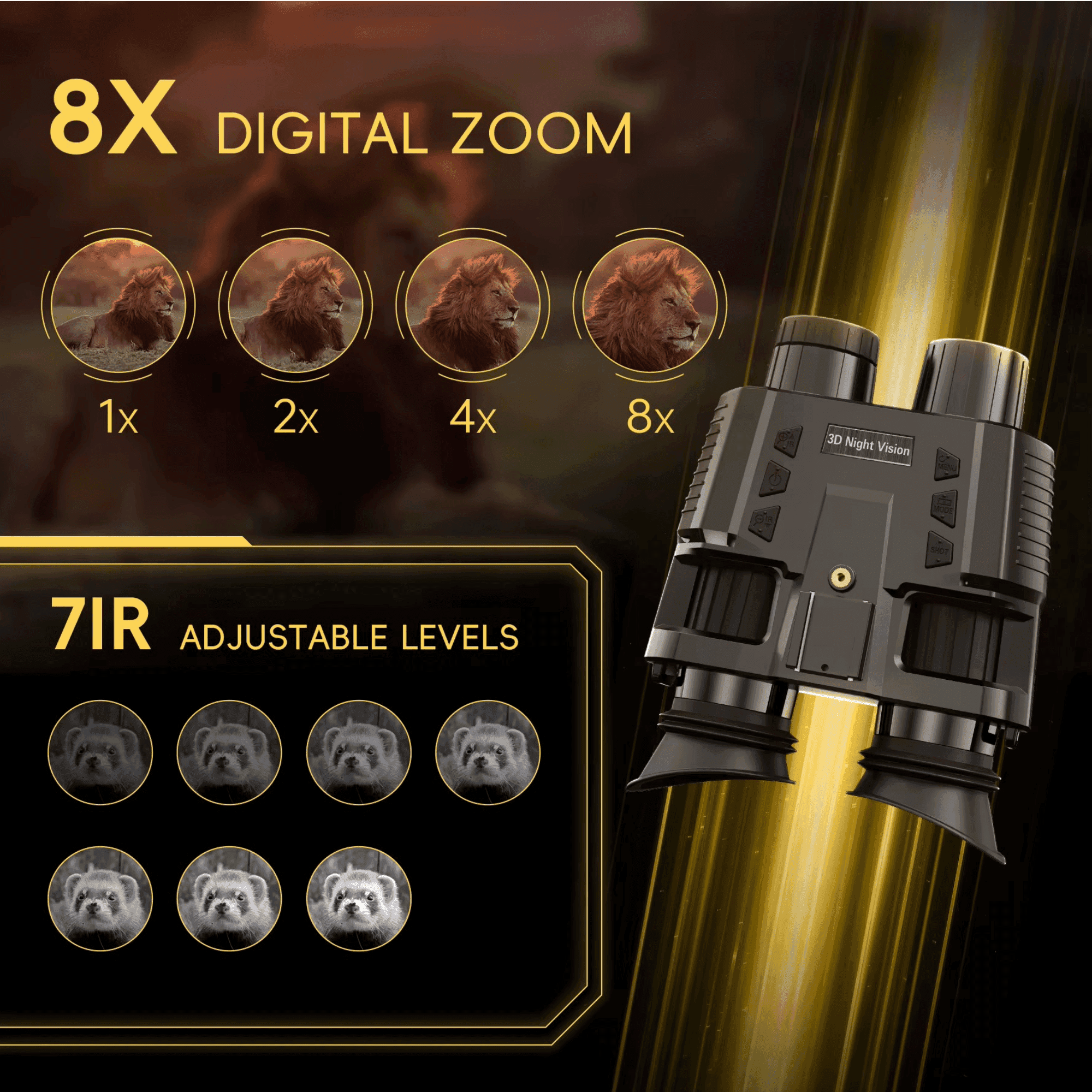 TUTT NV8000 night vision goggles with 8x digital zoom, 7 IR levels, and binoculars display, TUTT