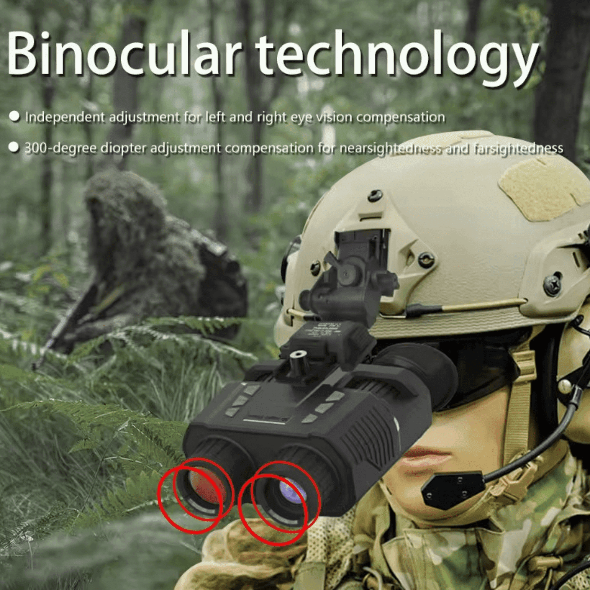 Soldier wearing helmet-mounted night vision goggles with digital zoom in forest, TUTT