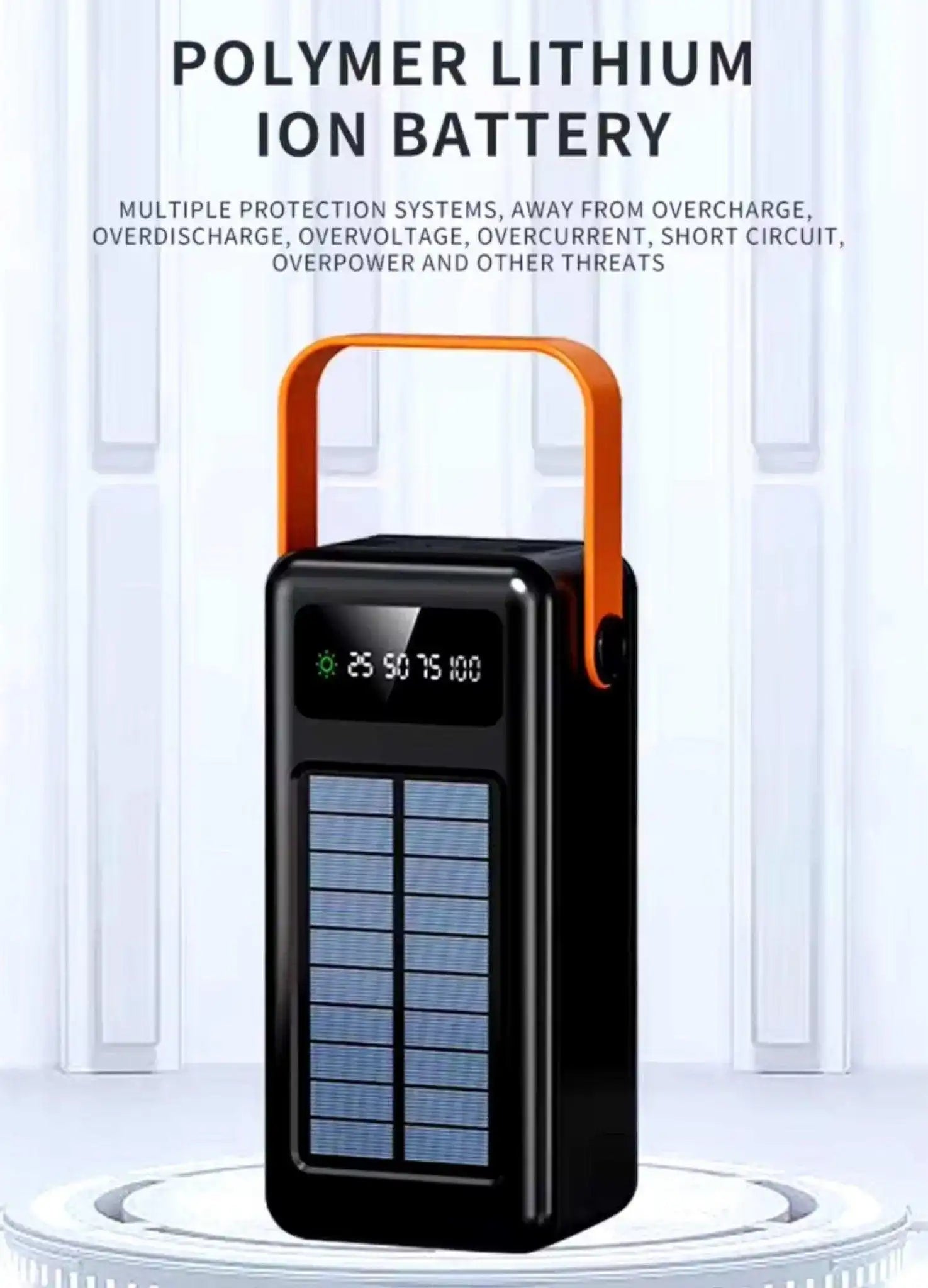 60000mAh solar power bank with LED display, built-in cables, orange handle, black body. TUTT