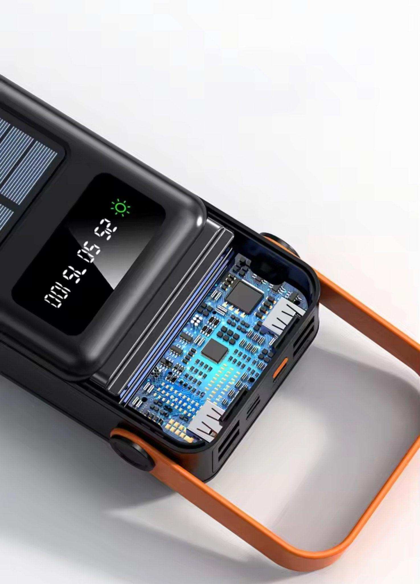 60000mAh solar power bank with LED display, exposed circuit board, and orange handle, TUTT