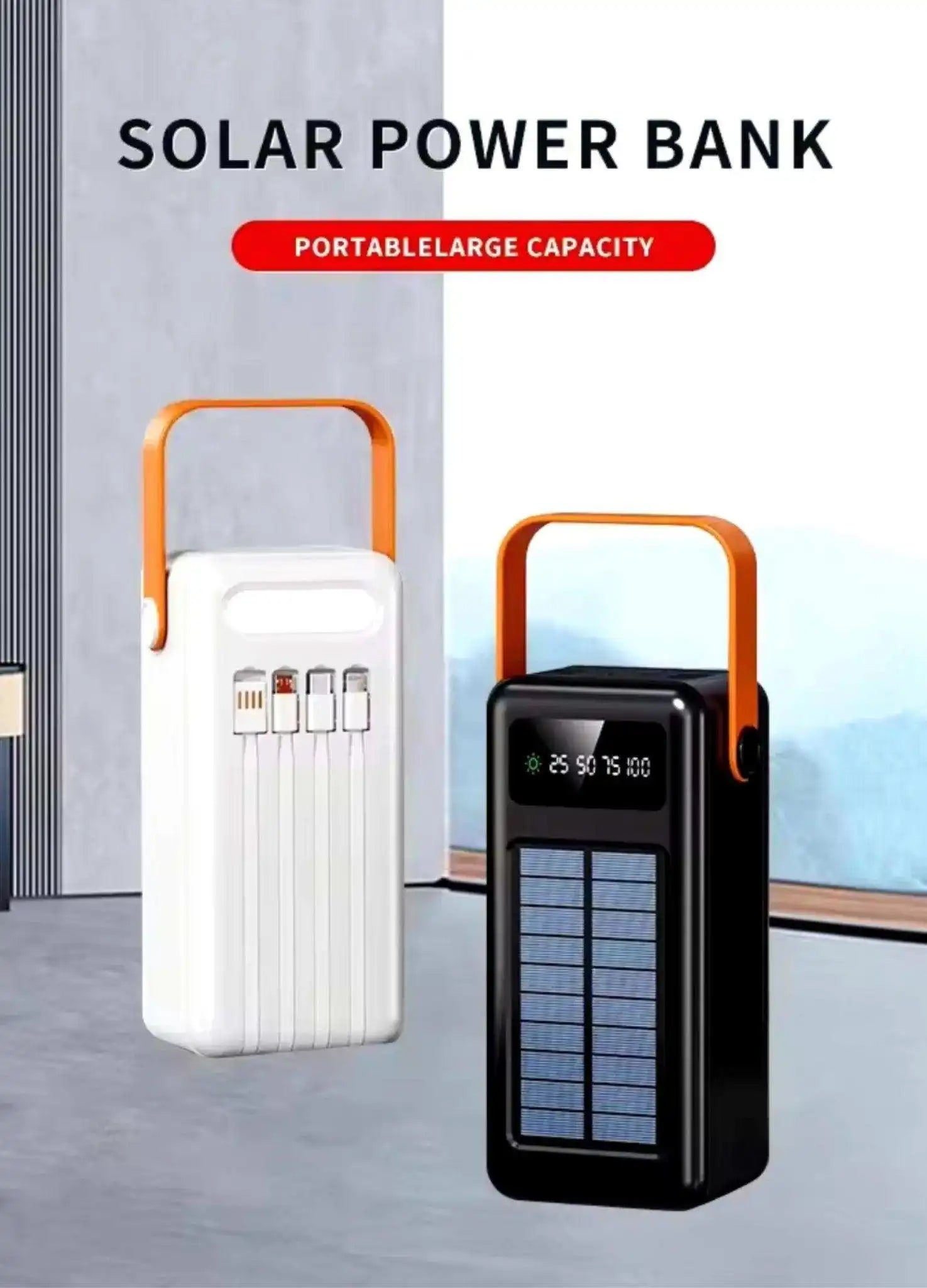 60000mAh solar power bank with orange handle, built-in cables, digital display, TUTT
