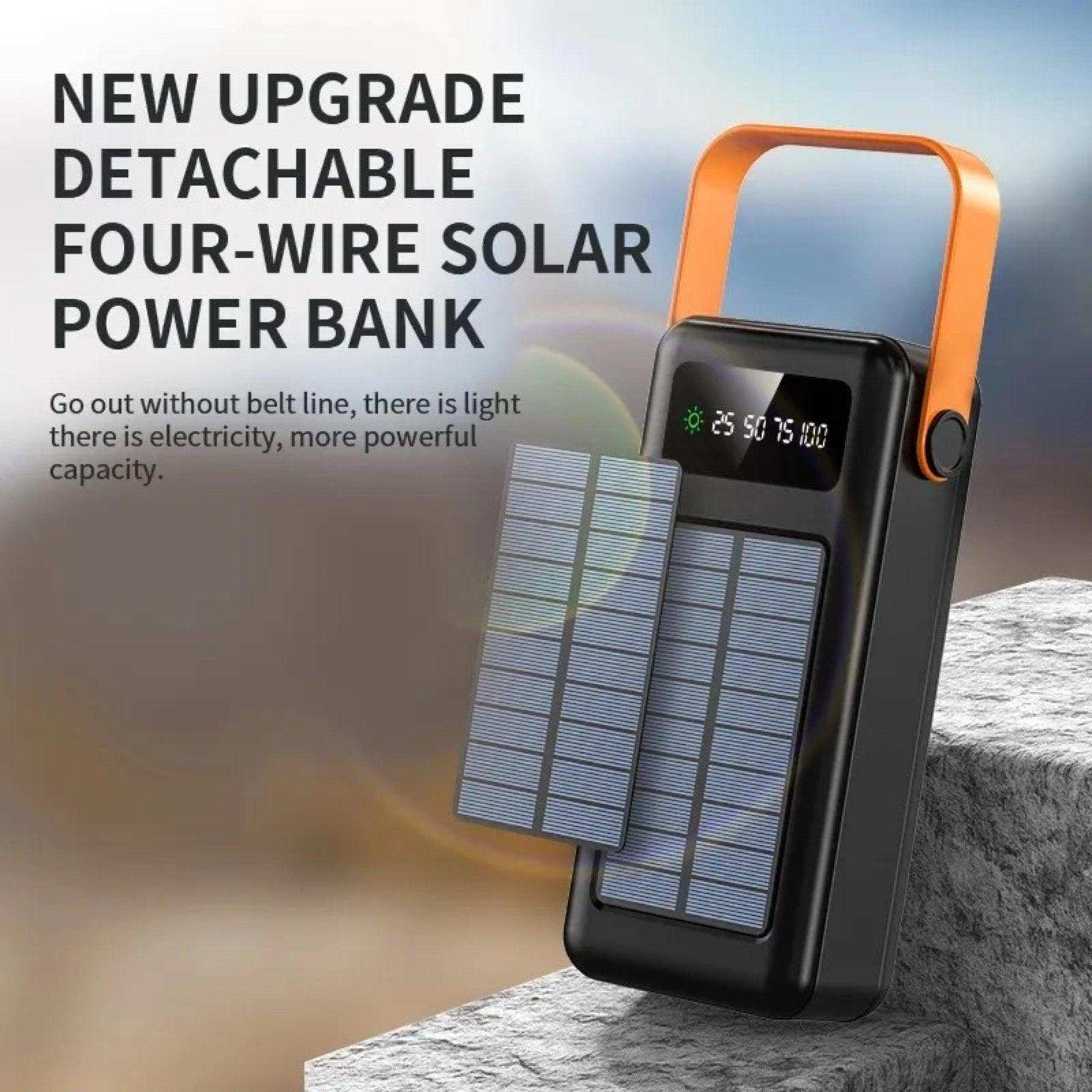 60000mAh solar power bank with built-in cables, LED display, orange handle on rock, TUTT