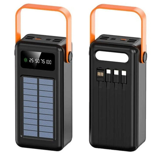 60000mAh solar power bank with fast charging, built-in cables, flashlight, digital display, and orange handle TUTT