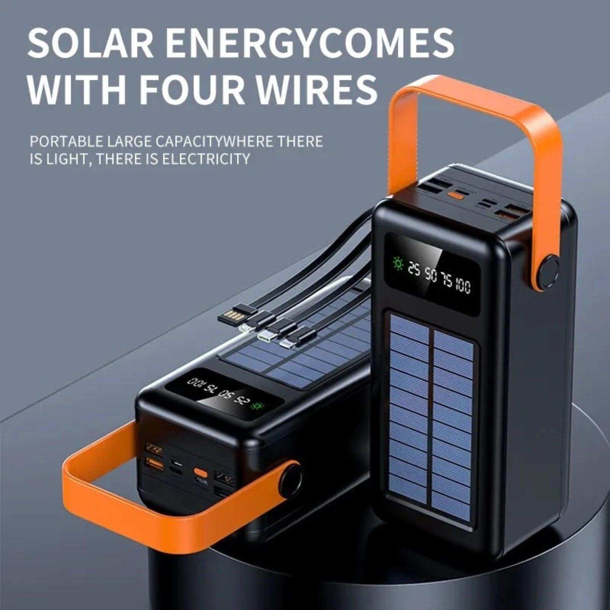 Solar power bank 60000mAh with built-in cables, LED display, and orange handle, TUTT