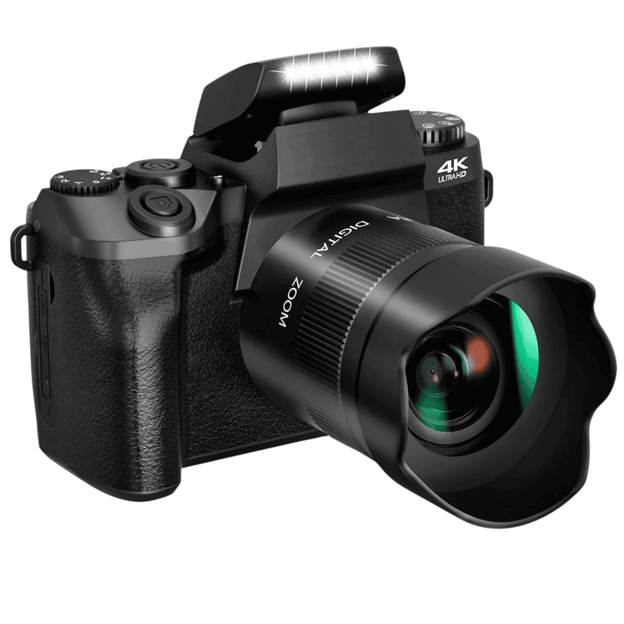 Black mirrorless 4K digital camera with zoom lens and pop-up flash, close-up view TUTT