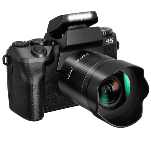 Black mirrorless 4K digital camera with zoom lens and pop-up flash, close-up view TUTT