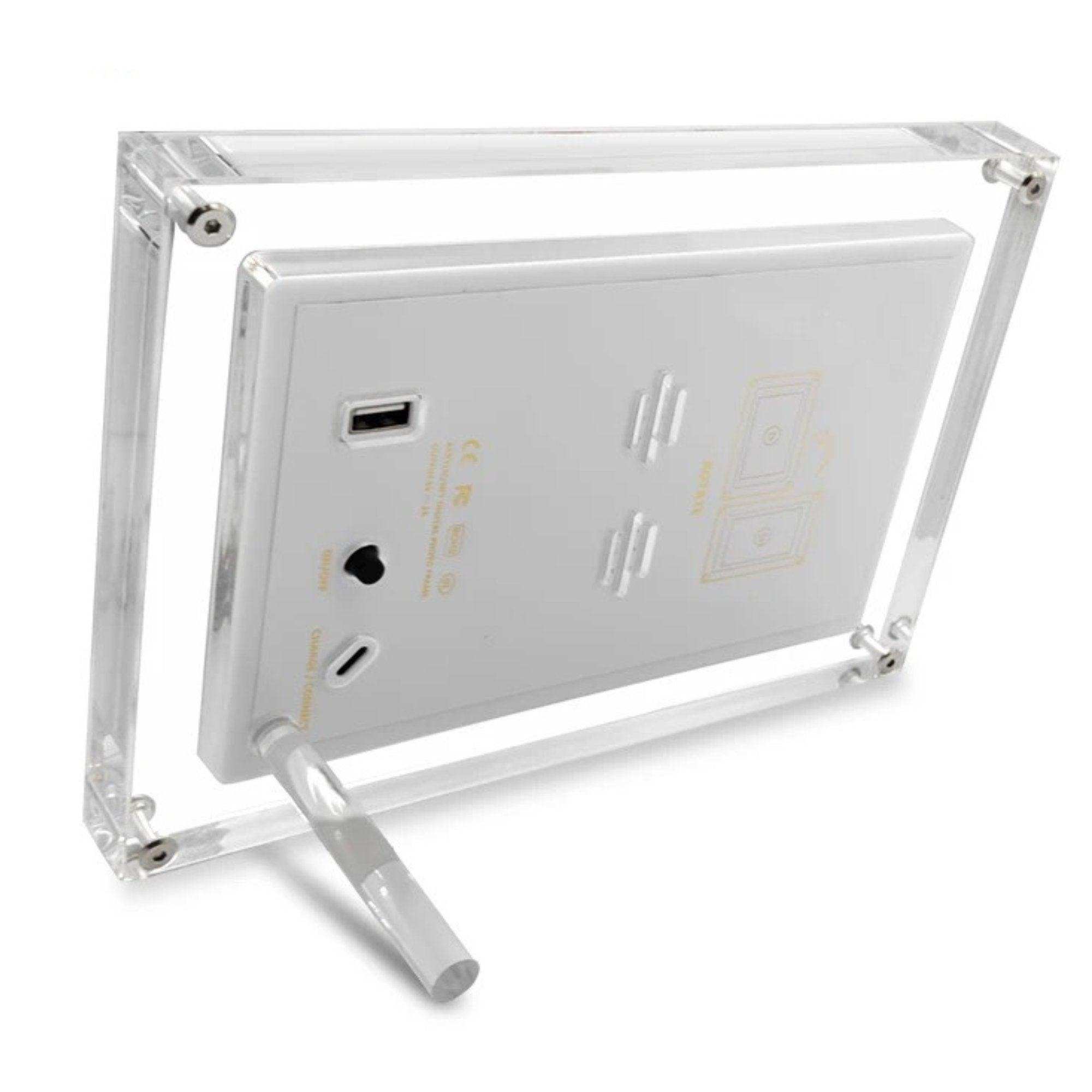 Rear view of white acrylic digital photo frame with USB port, stand, and clear border, TUTT