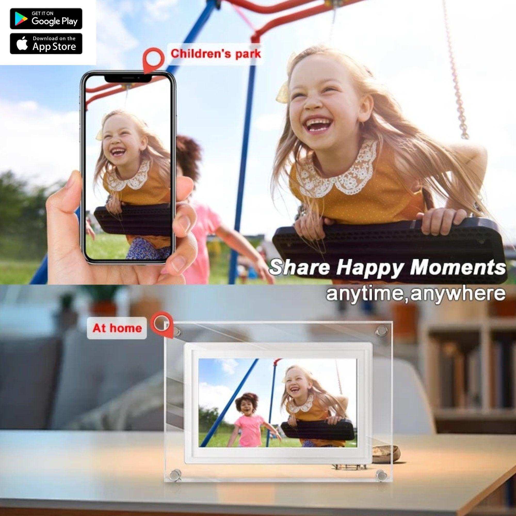 Girl on playground swing shown on smartphone and digital photo frame with WiFi touchscreen, TUTT