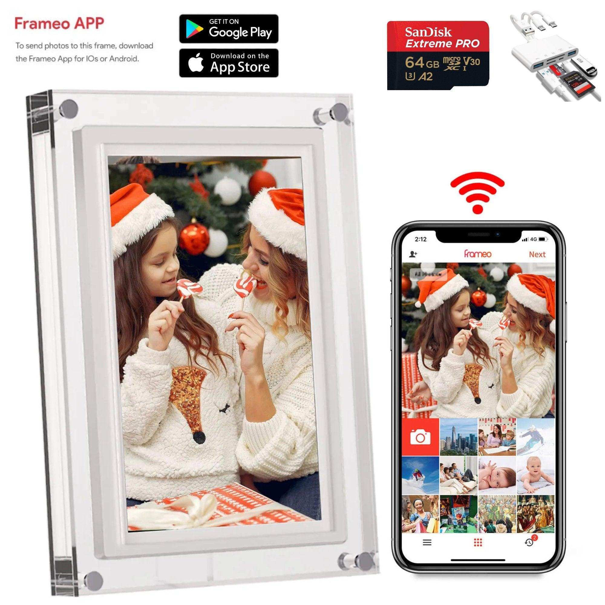 WiFi digital photo frame with touchscreen, mother and daughter in Christmas sweaters, Frameo app, SanDisk 64GB card, card reader kit, TUTT