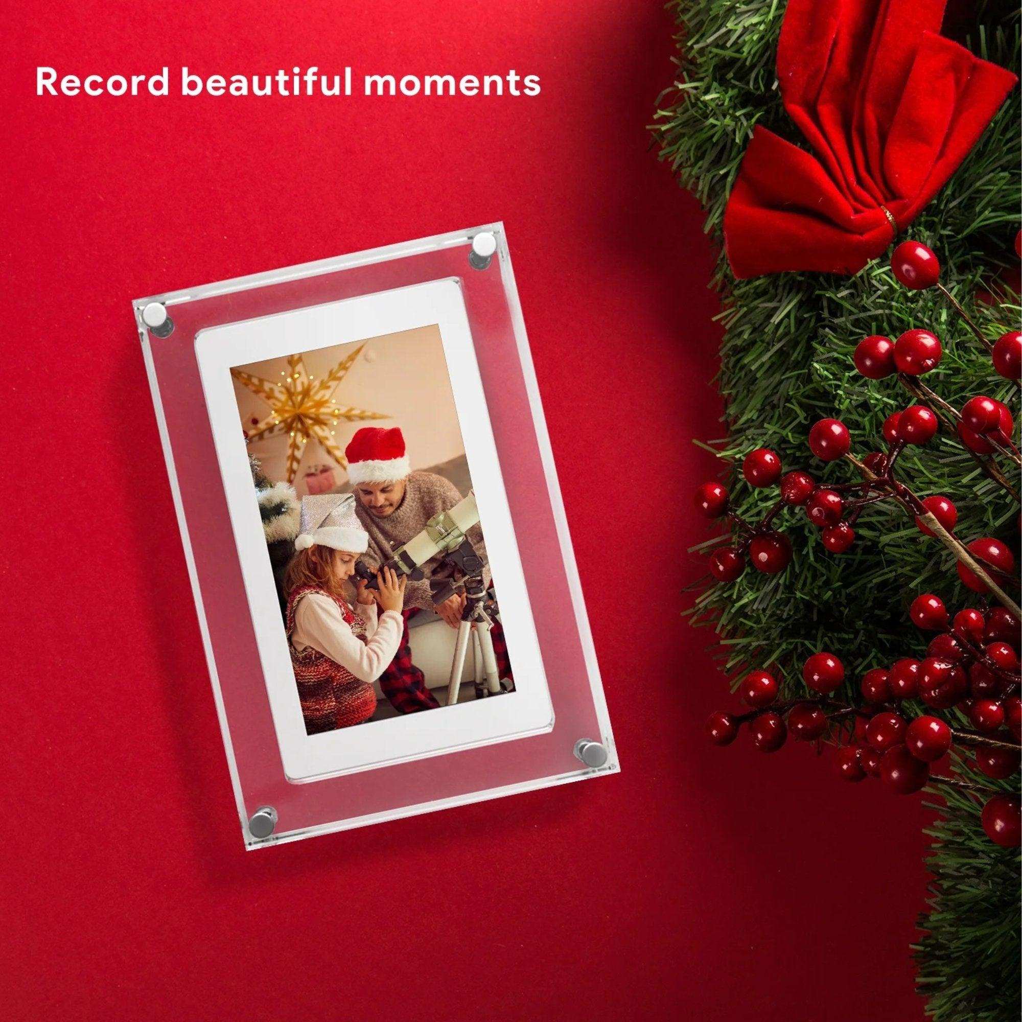 Acrylic digital photo frame with Christmas image, festive wreath, and red background, TUTT