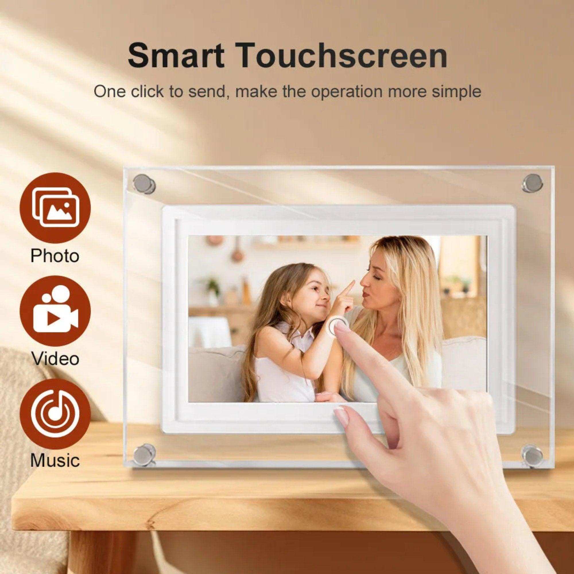 WiFi acrylic digital photo frame with touchscreen displaying mother and daughter, smart display TUTT