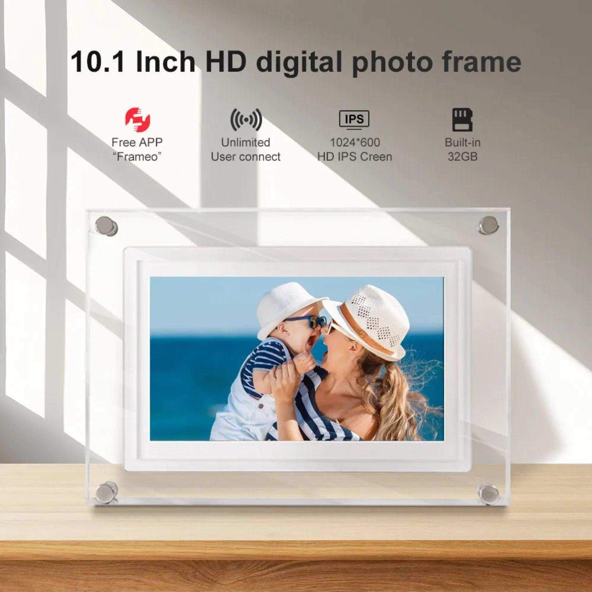 10.1 inch HD digital photo frame with IPS touchscreen, WiFi, built-in 32GB, on table, TUTT