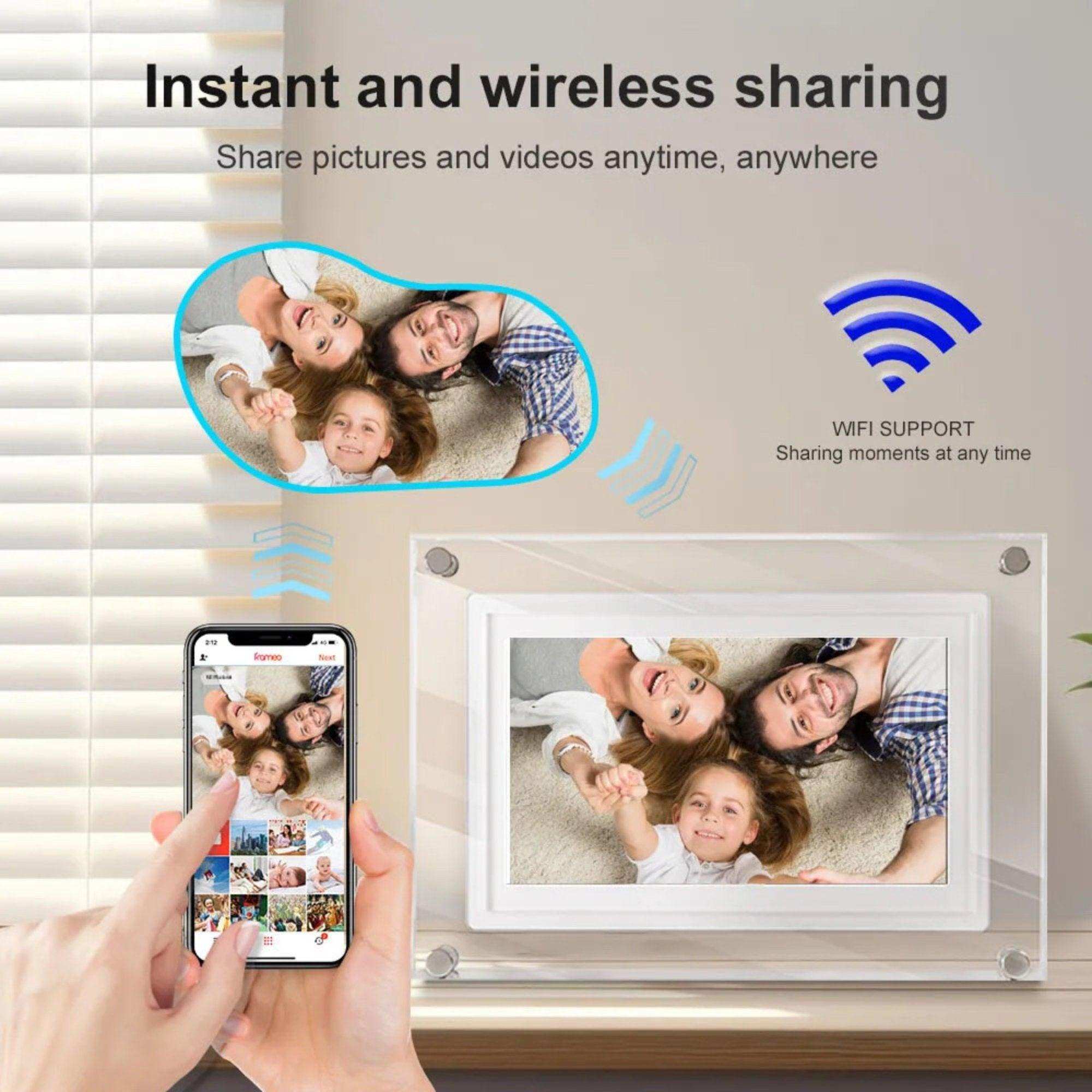 Hand using smartphone to wirelessly share family photo to acrylic digital photo frame via WiFi, TUTT