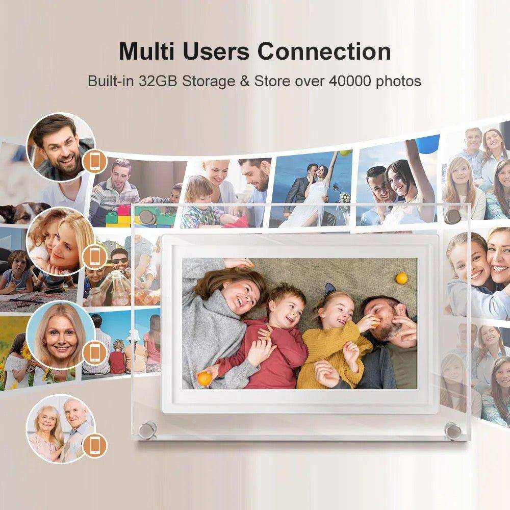 Digital photo frame displaying happy family, multi user connection, 32GB storage, FRAMEO app TUTT