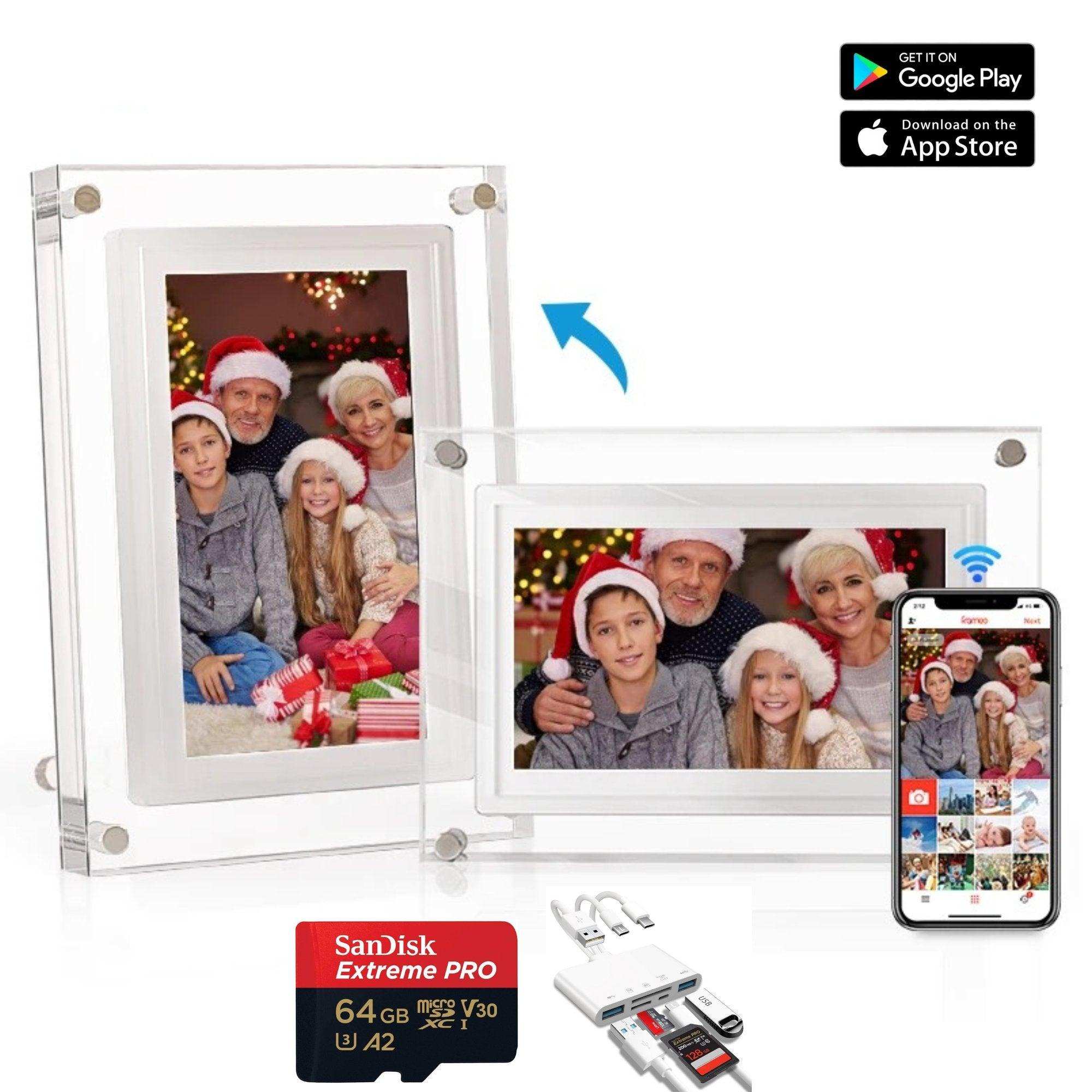 TUTT 7 and 10 inch acrylic digital photo frames with touchscreen, family photo, WiFi, 32GB, SanDisk 64GB micro SD card, card reader, Frameo app on phone. TUTT
