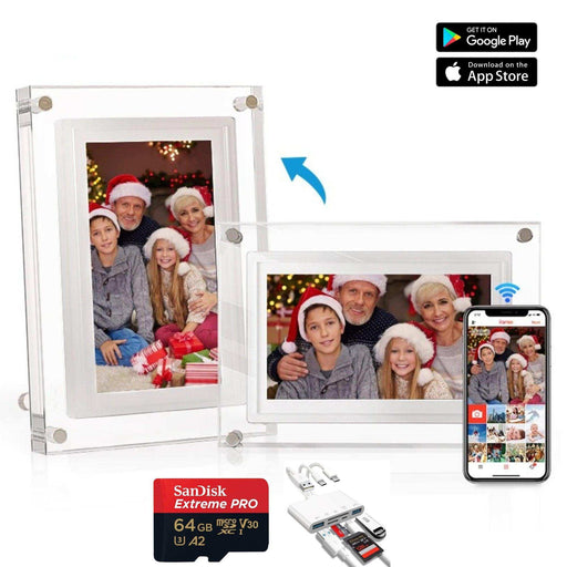 TUTT 7 and 10 inch acrylic digital photo frames with touchscreen, family photo, WiFi, 32GB, SanDisk 64GB micro SD card, card reader, Frameo app on phone. TUTT